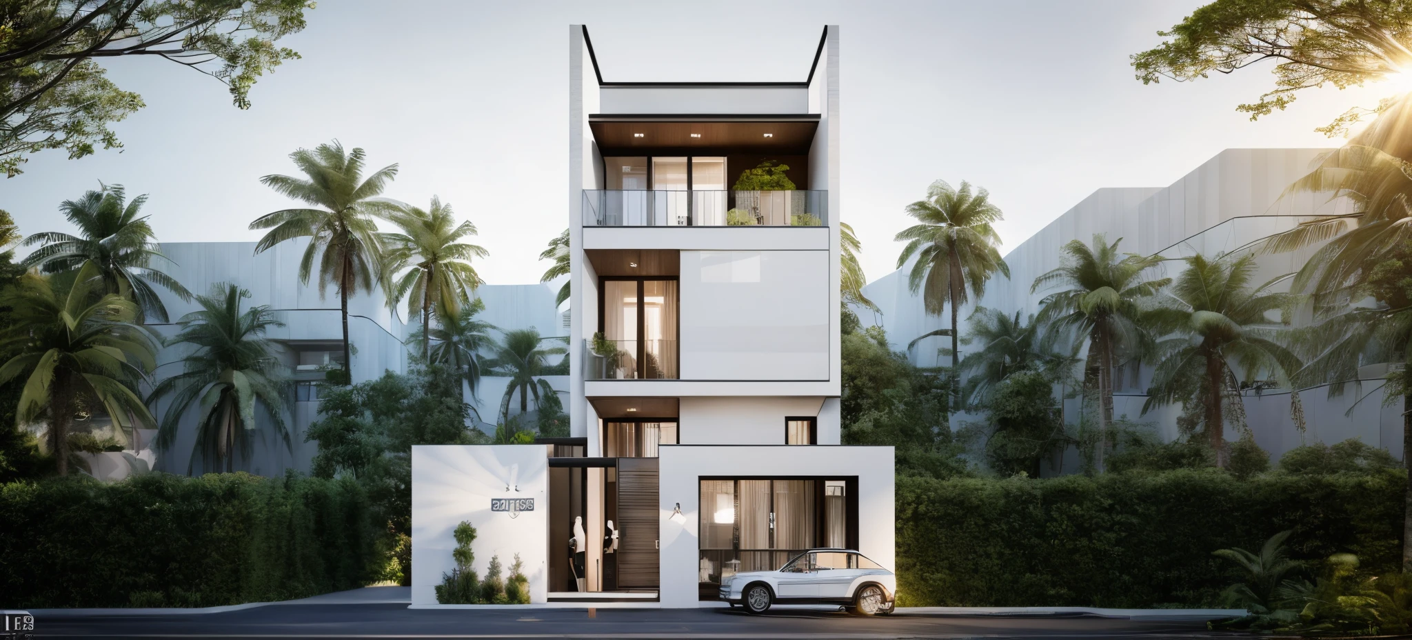 A (Photorealism:1.1) architect style indochine, clean linework, frontview, inter dimensional villa, (white wall:1.1), White column and wall details, (detail roof tile:1.1), (window glass detail:1.1), (wall lamp) 3rd floor details, (Balcony fence details:1.1), exterior design, white detailed sketch, neo - classical style, architectural illustration, realistic architecture, architectural concept, residential design, (masterpiece),(high quality), best quality, real,(realistic), super detailed, (full detail),(4k),8k,architecture, RAW photo,Masterpiece, high quality, best quality, authentic, super detail, exterior, outdoor town house style, street, white wall, lobitum roof, refection glass windows, climbing plant on the bacony,(straight line architecture arch:1.2), trees, beautifuL sky, (day:1.1),vray, people walking on the sidewalk in front of a house, photo render, corporate photo, digitally enhanced, render, exterior shot, photorealistic, screengrab, (god ray:1.1), digitally painted, transparent, front-view, an illustration of, full - view, discovered photo, still capture, unreal engine 5, octane render, cinematic, front lighting, ultra-detail, ((realistic)) depth of field, photography, ((Super detailed)), FKAA, TXAA, RTX, SSAO, Post Processing, Post-Production, CGI, VFX, SFX, Full color, HDR, Realistic,8k,((Unreal Engine 5)), Cinematic intricate detail, extreme detail, science, hyper-detail, FKAA, super detail, super realistic, crazy detail, intricate detail, reflected light on glass, eye-catching wall lights, unreal engine 5, octane render, cinematic, 8K,Detailed, High-fidelity, Viwvid, Crisp, The sun shines on the project,  Sharp, soft lighting, Bright, Stunning low, ((Lifelike)), Natural, ((Eye-catching)), Illuminating, Flawless, High-quality,Sharp edge rendering