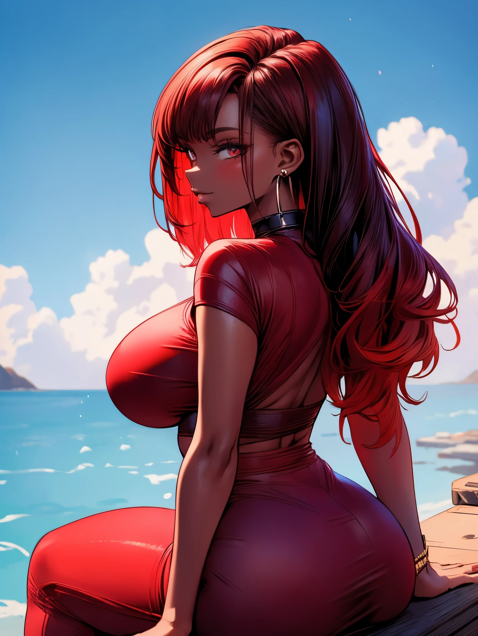 1girl, solo, best quality, 4k, masterpiece, best quality, demon, best quality, beautiful face with a smirk, dark brown skin, curvy, big breasts, big ass, red hair, red mini dress, girl sitting on a man’s back
