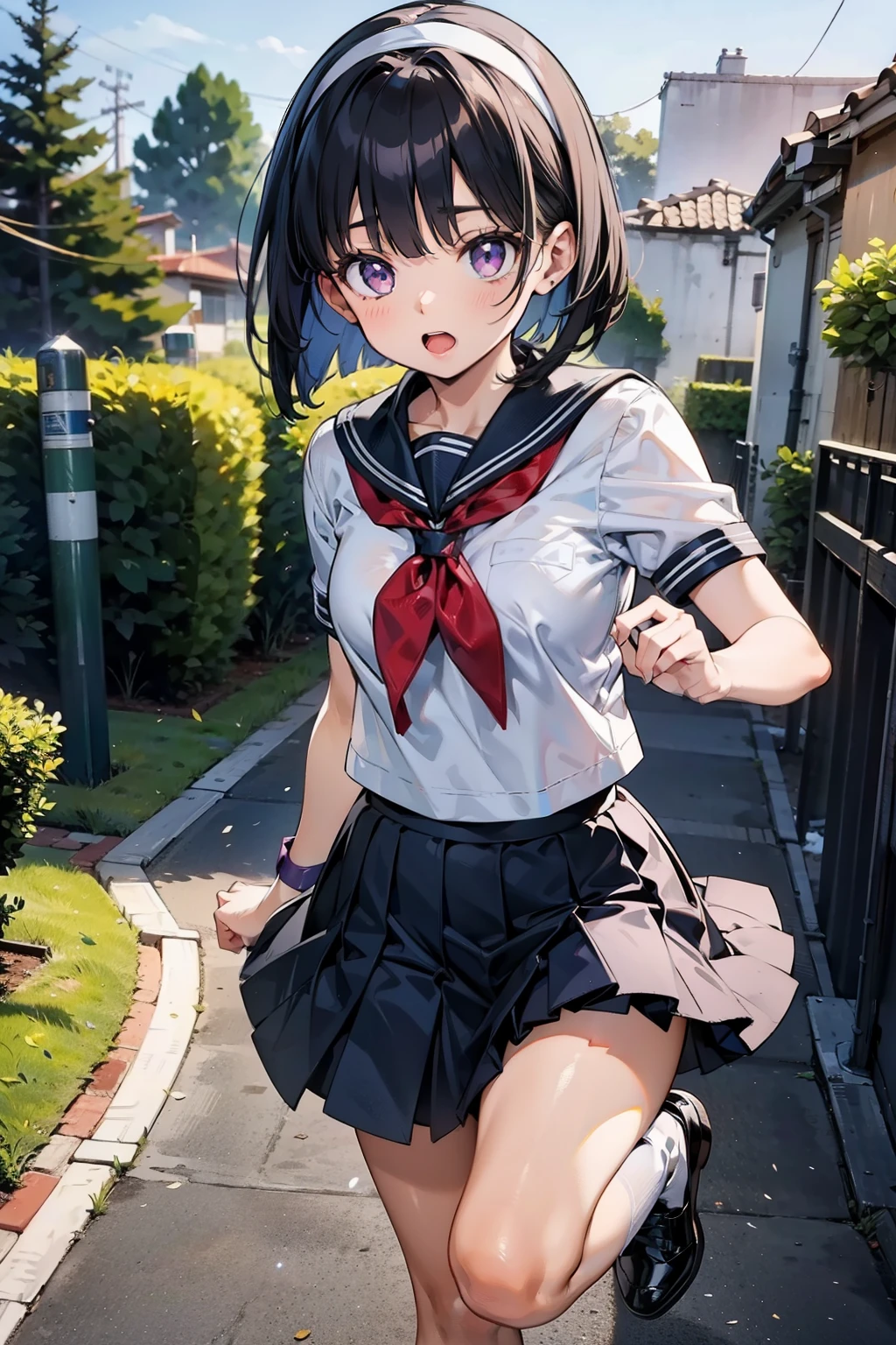 body 8 times longer than head, (Highly detailed CG unity 8k), (highest quality),(very detailed),(ultra high resolution), black hair, High school girl wearing a navy sailor suit, Anime 2D rendering, realistic young anime high school girl, ((White headband)), purple eyes, small breasts, tall, slanted eyes, (school scenery), black stockings, bright color, open your mouth a little, Dark blue skirt, bob cut, position looking down from above, Right leg raising pose, Jump Pose,