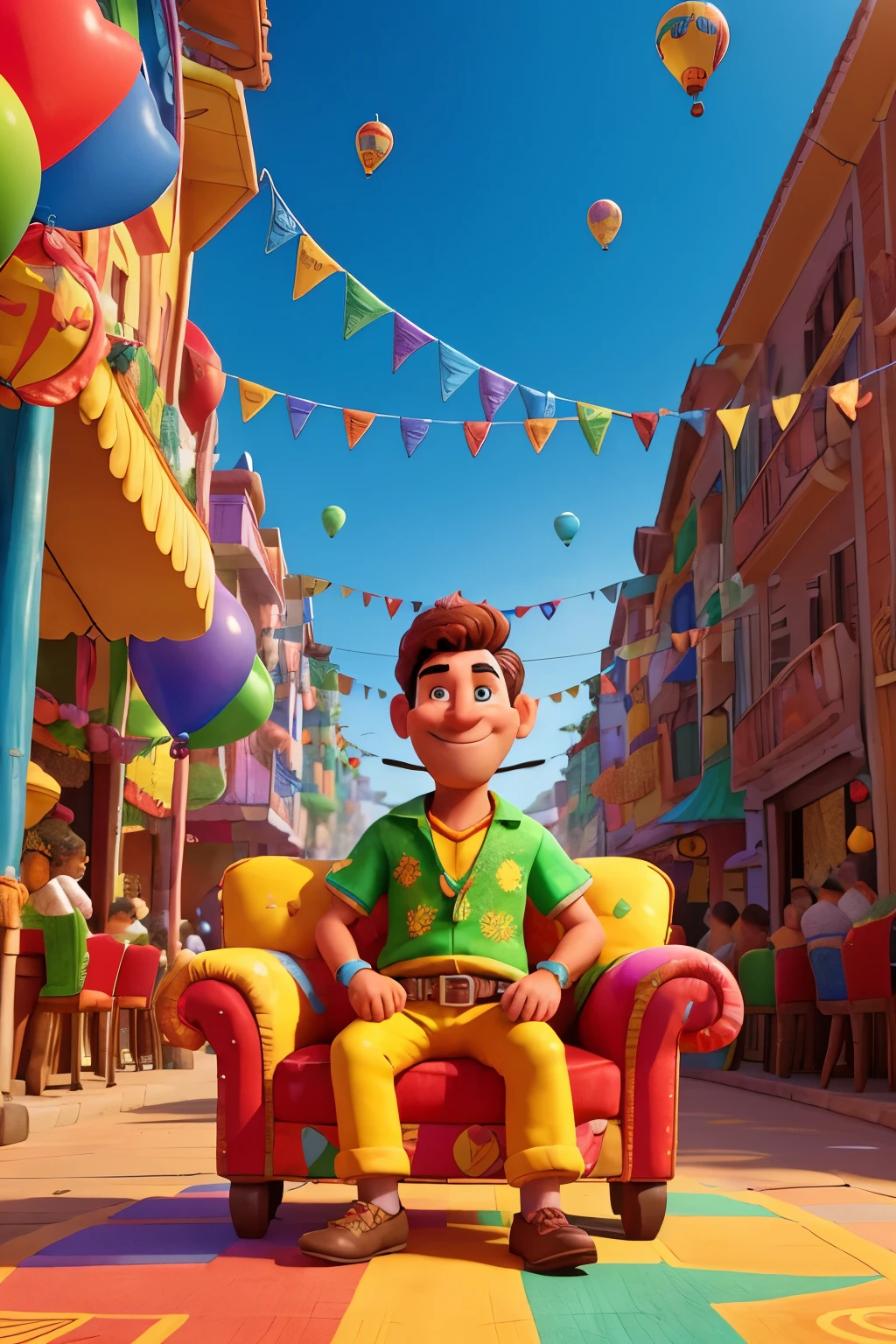 In the heart of a vibrant and lively Brazilian carnival, an adult man is laid back on a plush sofa, soaking in the festive atmosphere. The Aardman animation style brings the scene to life with intricate details and vibrant colors. The man, with a jovial expression, is dressed in an extravagant carnival costume, depicting the spirit of the celebration.
Elaborate decorations adorn the carnival block, with streamers of various hues fluttering in the air, bright balloons bouncing around, and colorful flags waving proudly. Intricate floats, meticulously designed, make their way through the