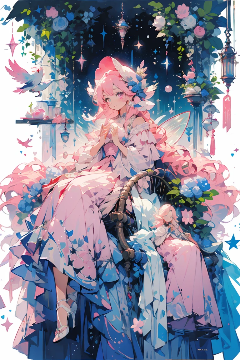 (masterpiece:1.2), best quality,PIXIV,fairy tale girl, 1 woman, hair, pink eyes, pink dress, all pink theme