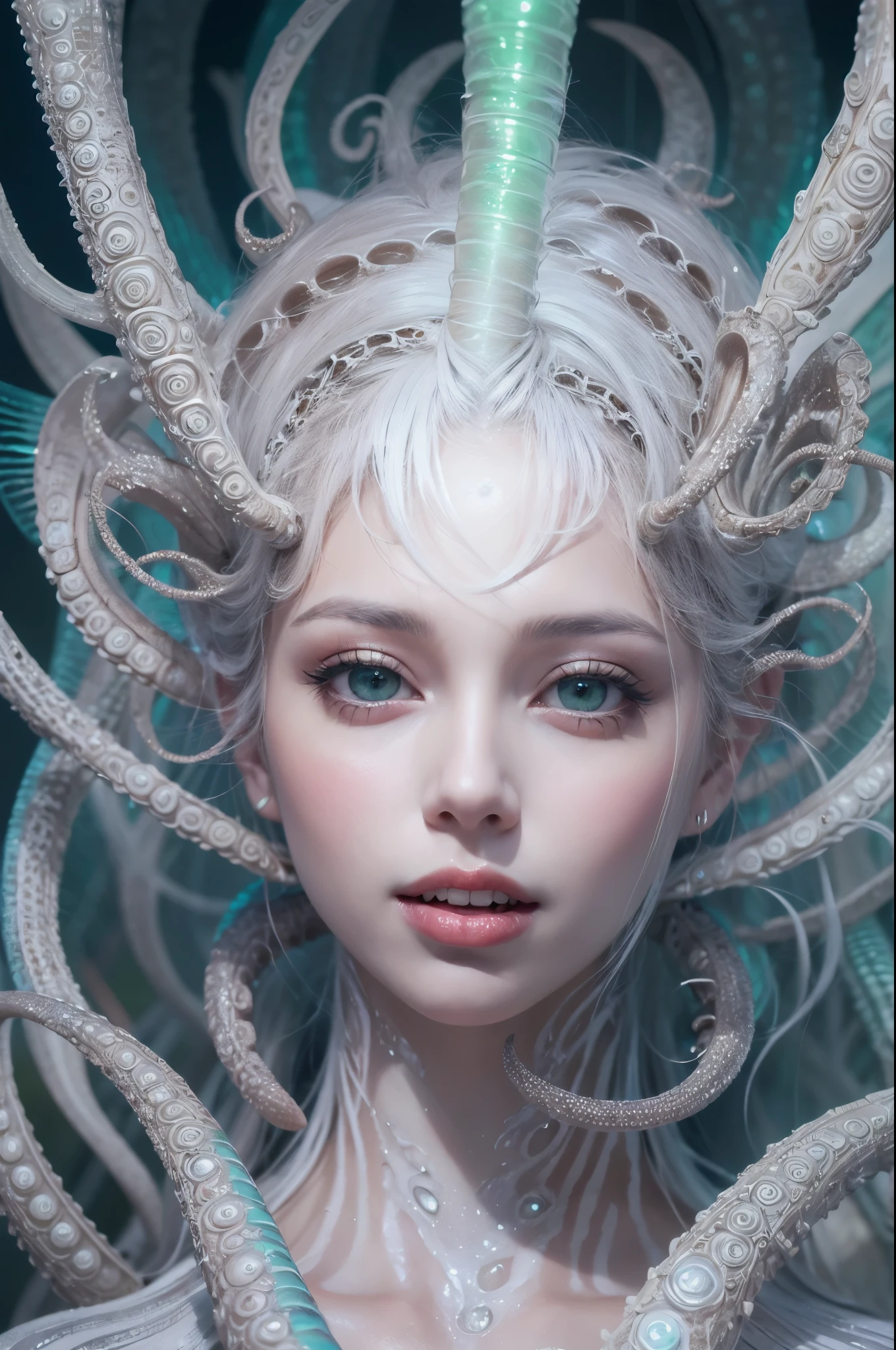 (A portrait of one beautiful and obscene female alien who is a young ager:1.4), ((There is a female genital-like organ in the middle of her forehead:1.8)), (realistic face:1.2), (Numerous award-winning masterpieces, with incredible detail, textures and maximum detail), artistic photography, midnight aura, unreal engine 5, Ultra Sharp Focus, art by Amano Yoshitaka, ArtGerm, Roisch, intricate artwork, ultra realistic realism, high resolution, High freshness, drawing faithfully, official art, Unity 8K Wall paper, ultra detailed artistic photography, dream-like, Creation of fantasy, dream Snail, (biopunk nautilus:1.3),Thrilling color schemes, seductively smiling, Amazing mutation, well-proportioned body, goddess of the deep sea, fractal, Geometric pattern, impossible figures, (translucent white tentacles with luminescent organs:1.4), subtle emerald green accents, (smiling seductively:1.3),(She has the most beautiful face in the history of the universe:1.5), Penelope Cruz, (she is looking down at viewers with glowing iridescent eyes with no pupils:1.3), an evil gaze that seduces, cinematic lighting, (Vampire-like long canine teeth can be glimpsed through the gap between the cute lips:1.3), in the hall of the palace, Sweet breath is exhaling from beautiful lips, ecstatic expression