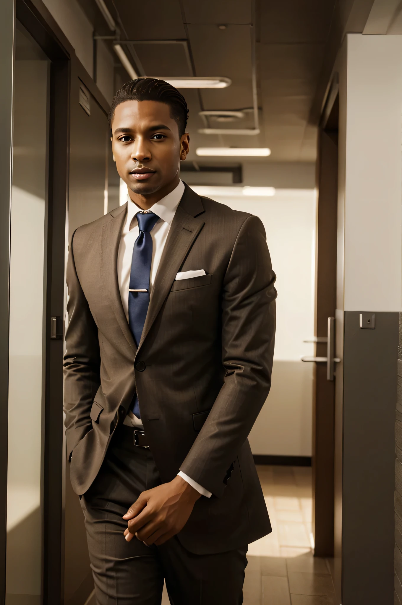 Althetic man in a suit with light brown skin, realistic, 4k, office background