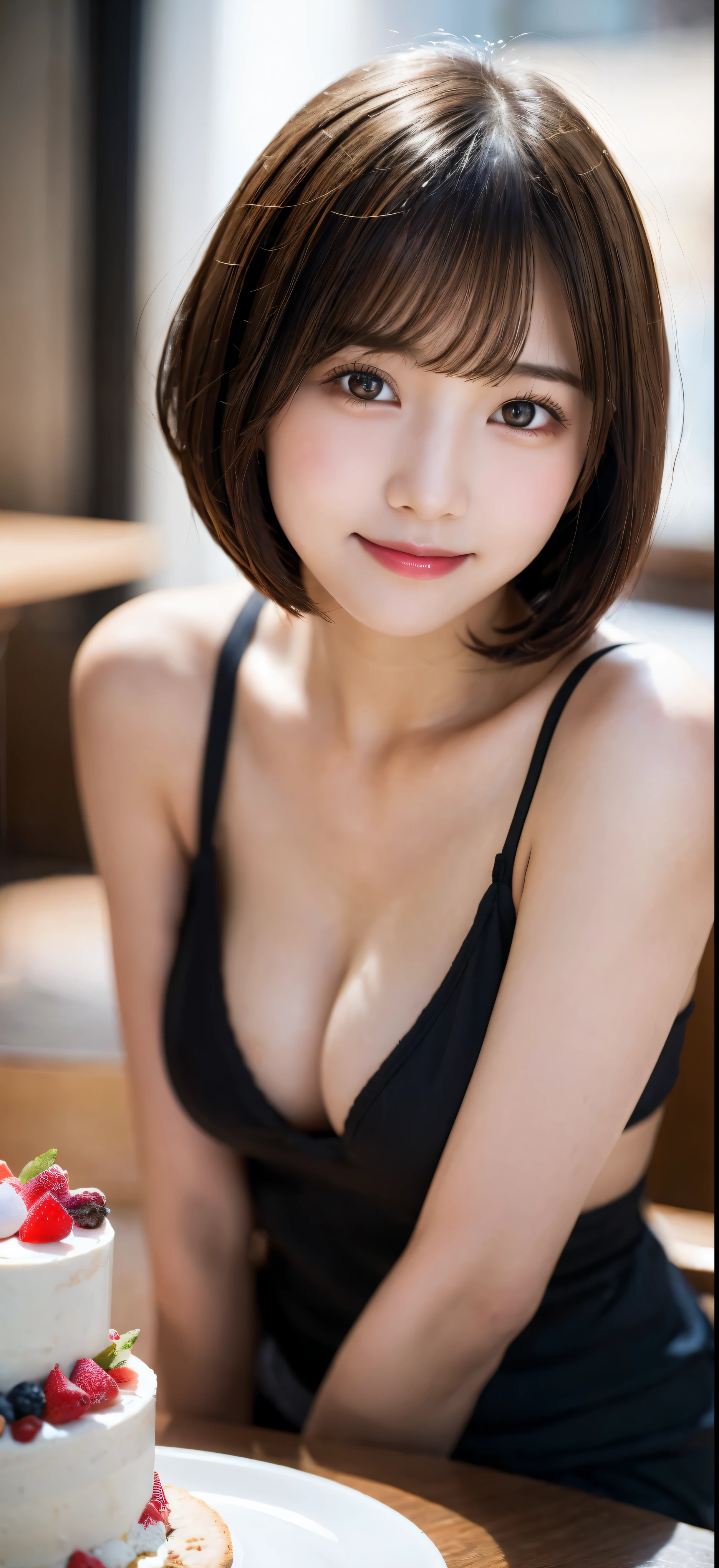 looking at camera, Cafe, birthday cake, idol face, bob cut, big breasts, 14歳のbeautiful girl, , In addition, smile, masterpiece, highest quality, RAW photo, realistic, beautiful girl, cute, High resolution, Super detailed, small details, very detailed eyes and face, sharp pupils, cinematic lighting