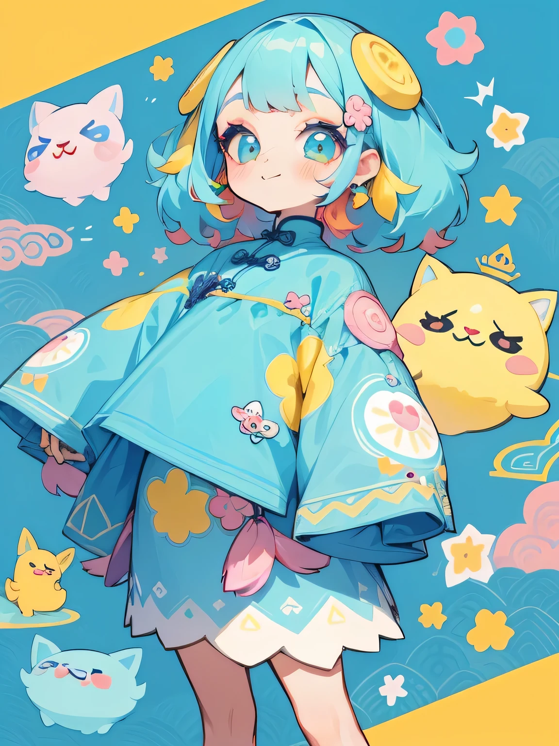 high high quality、Colorful color palette、high-level image quality、( with makeup:1.37) 、wearing  cheongsam, Chinese blue and white women's collection, cute cartoon design, Sky blue and bright yellow
（Behind it are cosmetics and decorations：1.3），Geometric pattern background，Sticker style,
 , High details, A high resolution，Unprecedented amount of drawing、(Nikki style kawaii style:1.5)