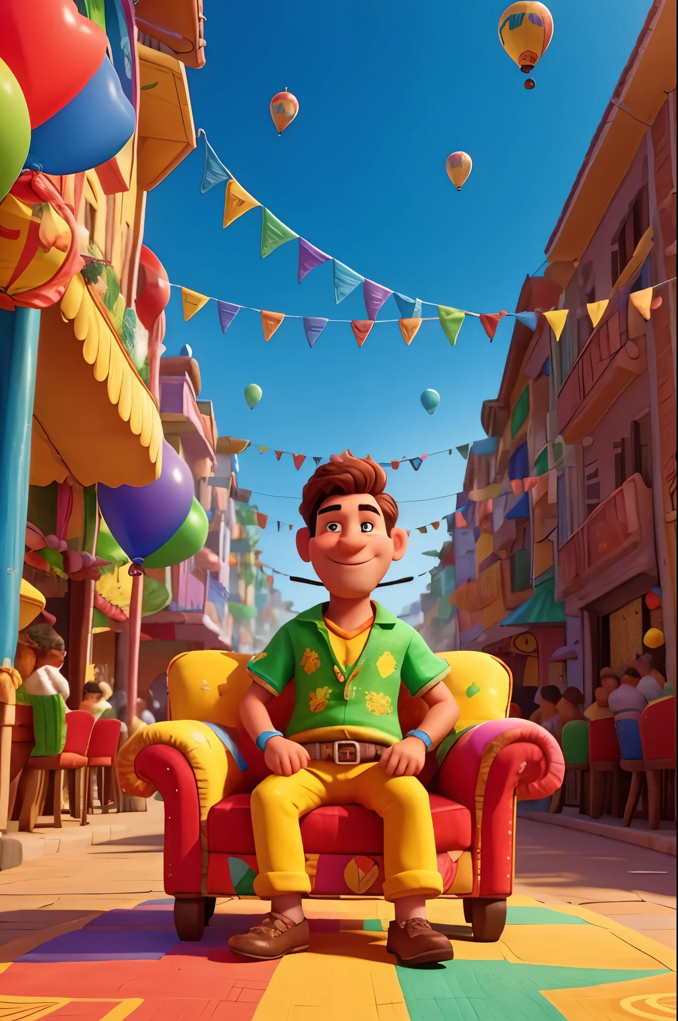 In the heart of a vibrant and lively Brazilian carnival, an adult man is laid back on a plush sofa, soaking in the festive atmosphere. The Aardman animation style brings the scene to life with intricate details and vibrant colors. The man, with a jovial expression, is dressed in an extravagant carnival costume, depicting the spirit of the celebration.
Elaborate decorations adorn the carnival block, with streamers of various hues fluttering in the air, bright balloons bouncing around, and colorful flags waving proudly. Intricate floats, meticulously designed, make their way through the
