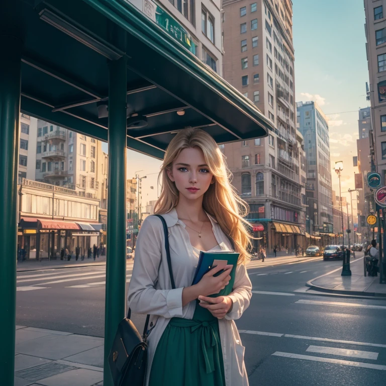 (best quality,4k,8k,highres,masterpiece:1.2),ultra-detailed,(realistic,photorealistic,photo-realistic:1.37),A handsome blond man with green eyes waiting patiently near a bus stop,bustling city background,soft sunlight illuminating her face,beautiful detailed eyes,delicate facial features,casually dressed,slightly smiling,holding a book in her hands,leaning against a lamp post,faint sound of traffic in the distance,colors of the city blending with the sky,vibrant and lively atmosphere,impressionistic style,pastel color palette,dreamlike and ethereal lighting.