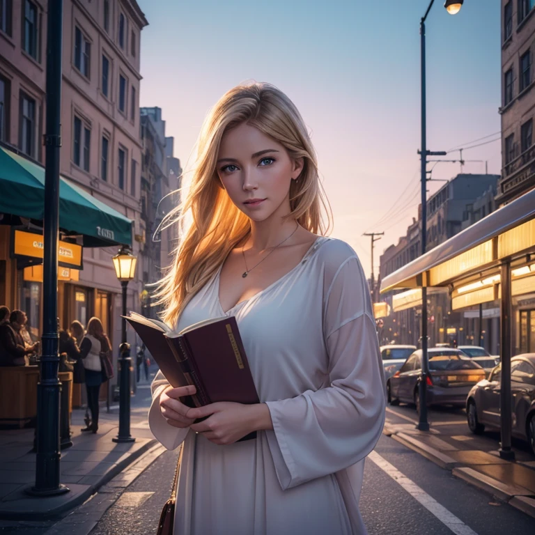 (best quality,4k,8k,highres,masterpiece:1.2),ultra-detailed,(realistic,photorealistic,photo-realistic:1.37),A handsome blond man with green eyes waiting patiently near a bus stop,bustling city background,soft sunlight illuminating her face,beautiful detailed eyes,delicate facial features,casually dressed,slightly smiling,holding a book in her hands,leaning against a lamp post,faint sound of traffic in the distance,colors of the city blending with the sky,vibrant and lively atmosphere,impressionistic style,pastel color palette,dreamlike and ethereal lighting.