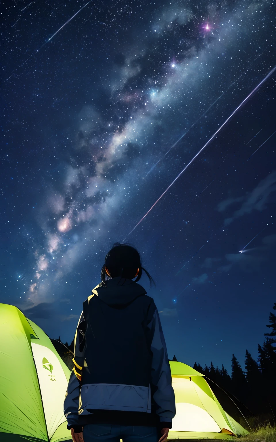 woman observing ( Orionid meteor shower),
Orionid meteor shower, beautiful,
woman, alone, camp, campファイヤー, looking at the Orionid meteor shower,
from behind, from below,
outdoor,