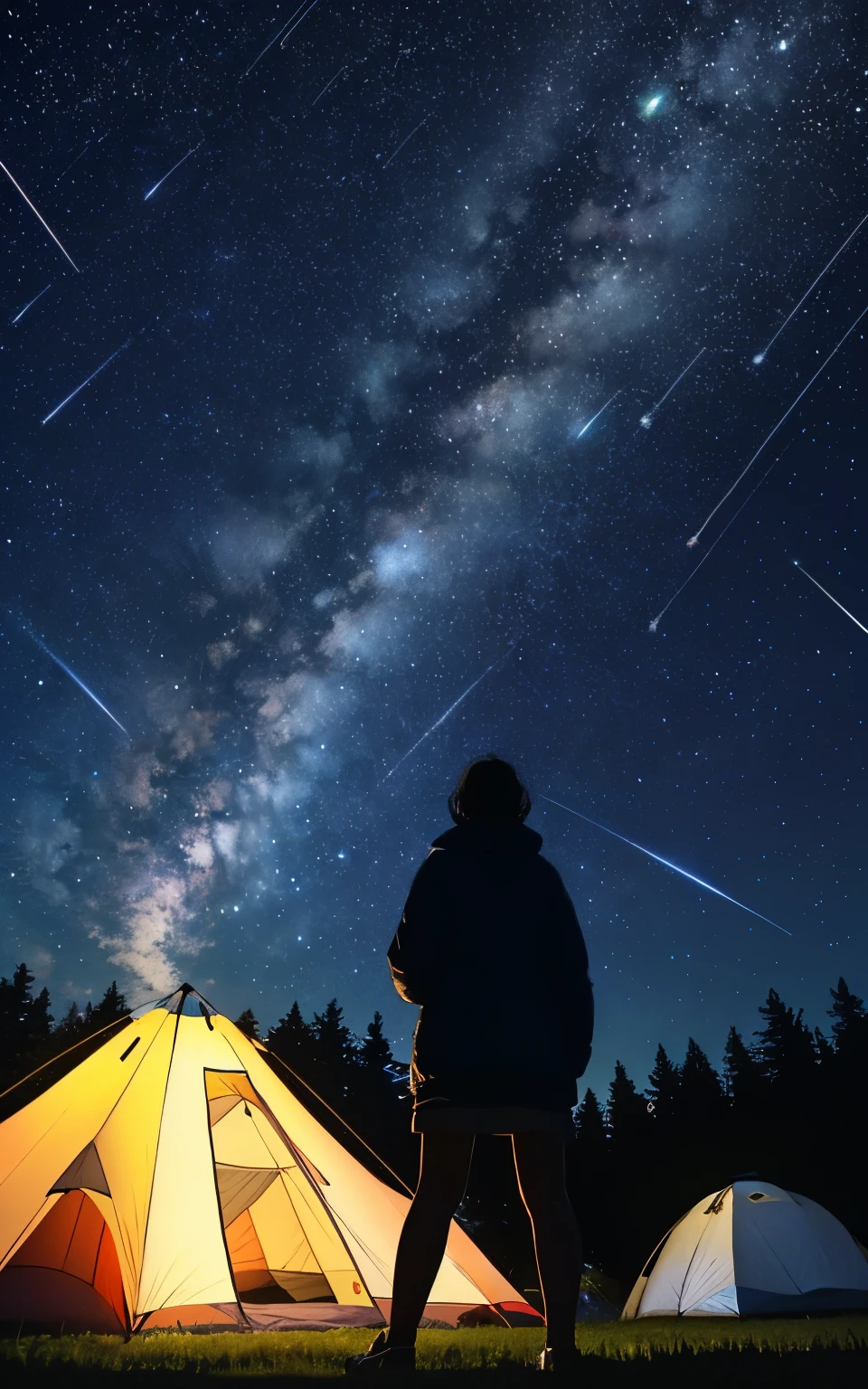 woman observing ( Orionid meteor shower),
Orionid meteor shower, beautiful,
woman, alone, camp, campファイヤー, looking at the Orionid meteor shower,
from behind, from below,
outdoor,