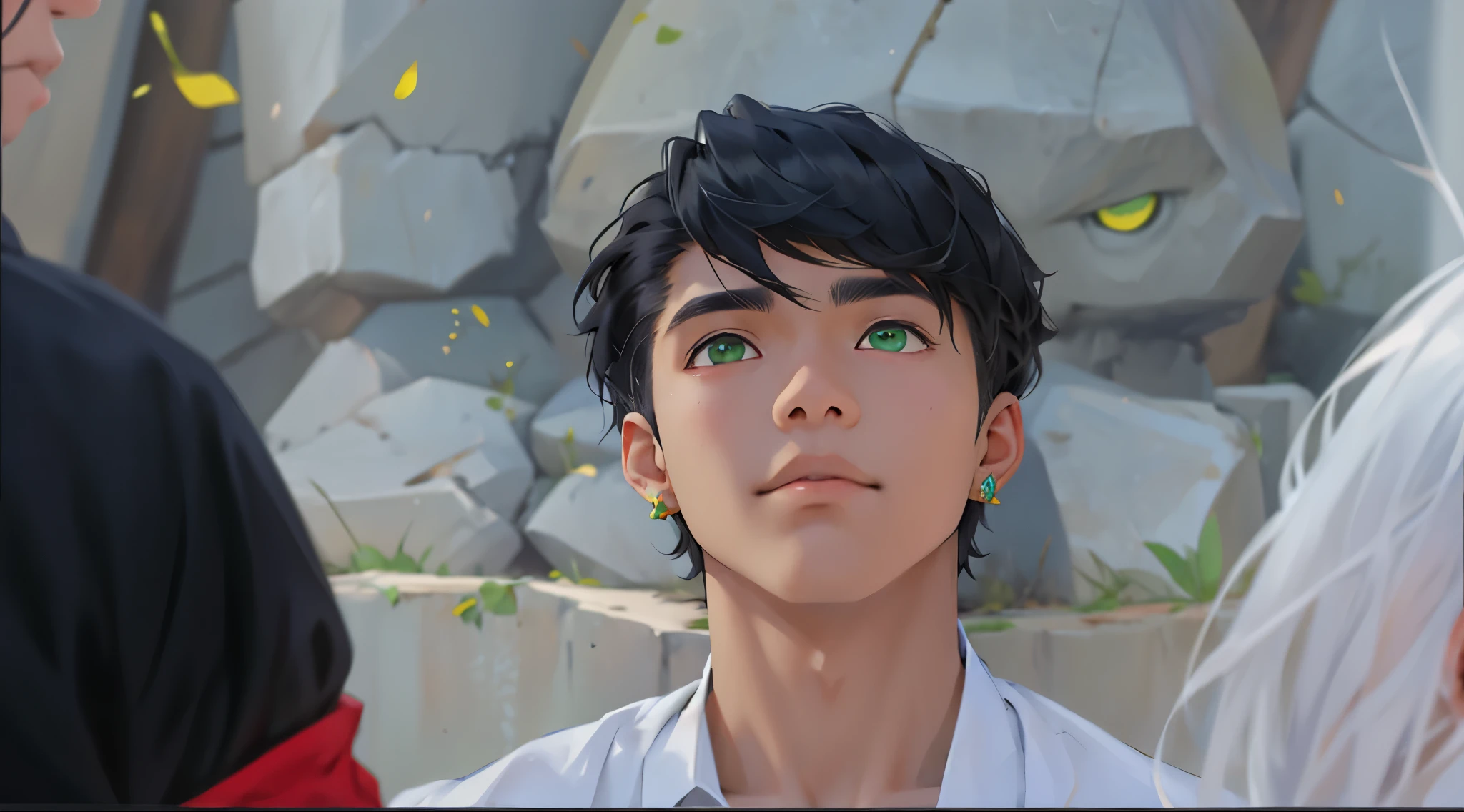 There is a 15 year old boy with straight white hair and dark skin., ojos verde tiene joyas de oro en la cabeza y cuello y esta mirando a alguien
