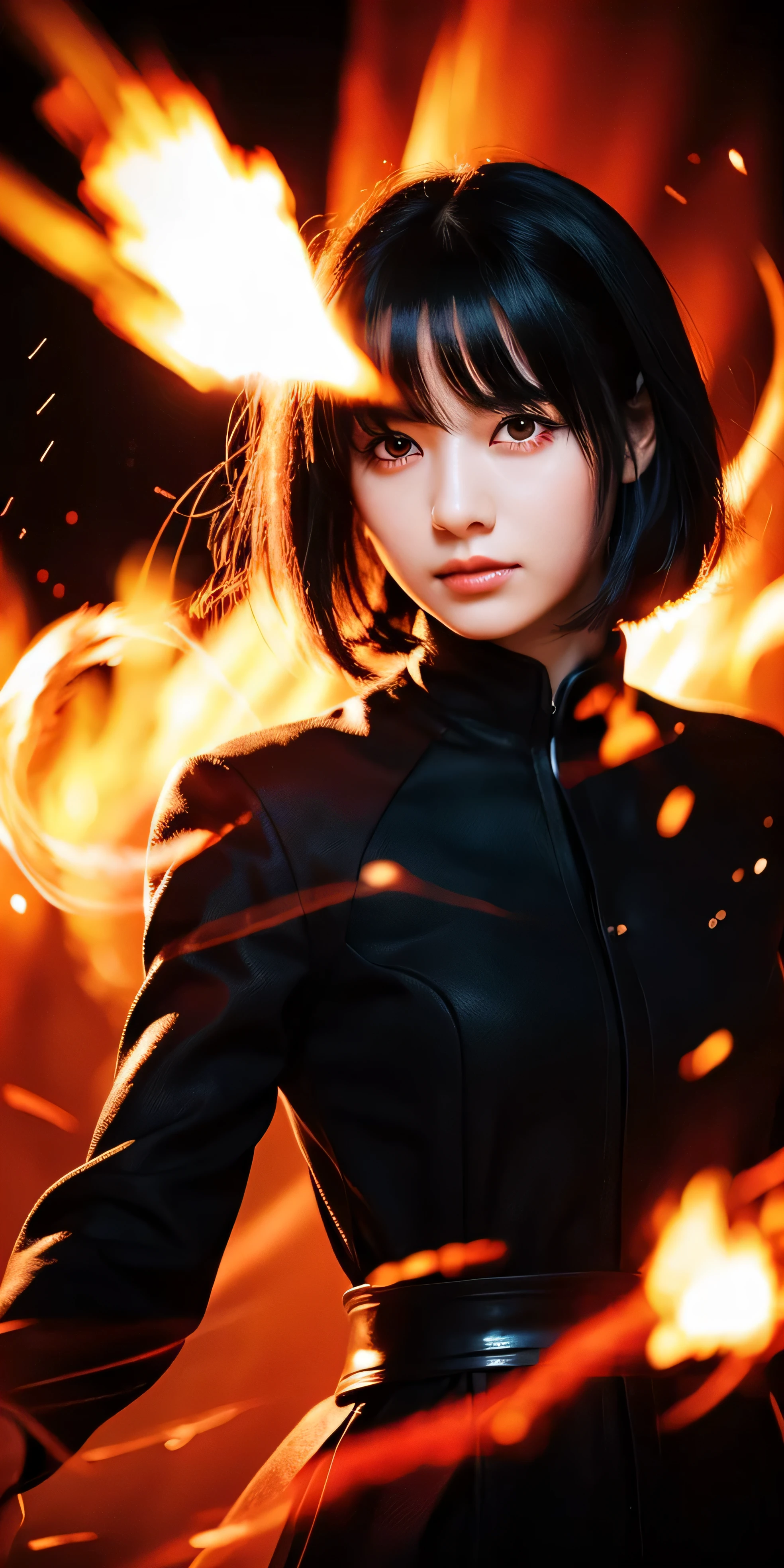 beautiful japanese girl, black hair, red eyes, Fire Witch, Blood, particles of light, light, wallpaper, high contrast, colorful,professional lighting