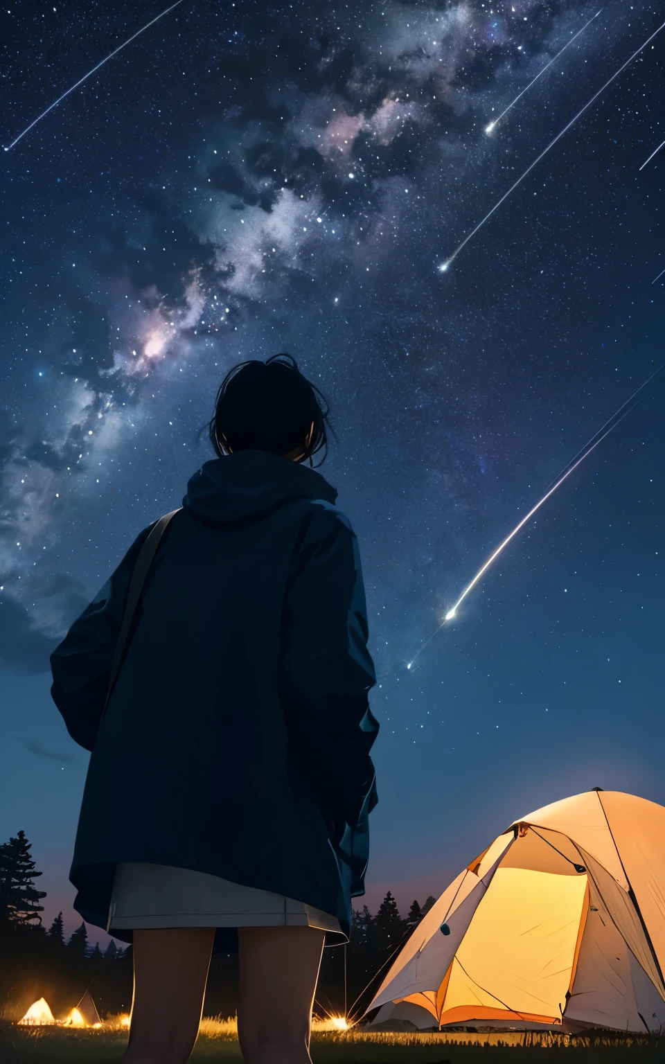 woman observing ( Orionid meteor shower),
Orionid meteor shower, beautiful,
woman, alone, camp, campファイヤー,  looking at the Orionid meteor shower,
from behind, from below,
outdoor,