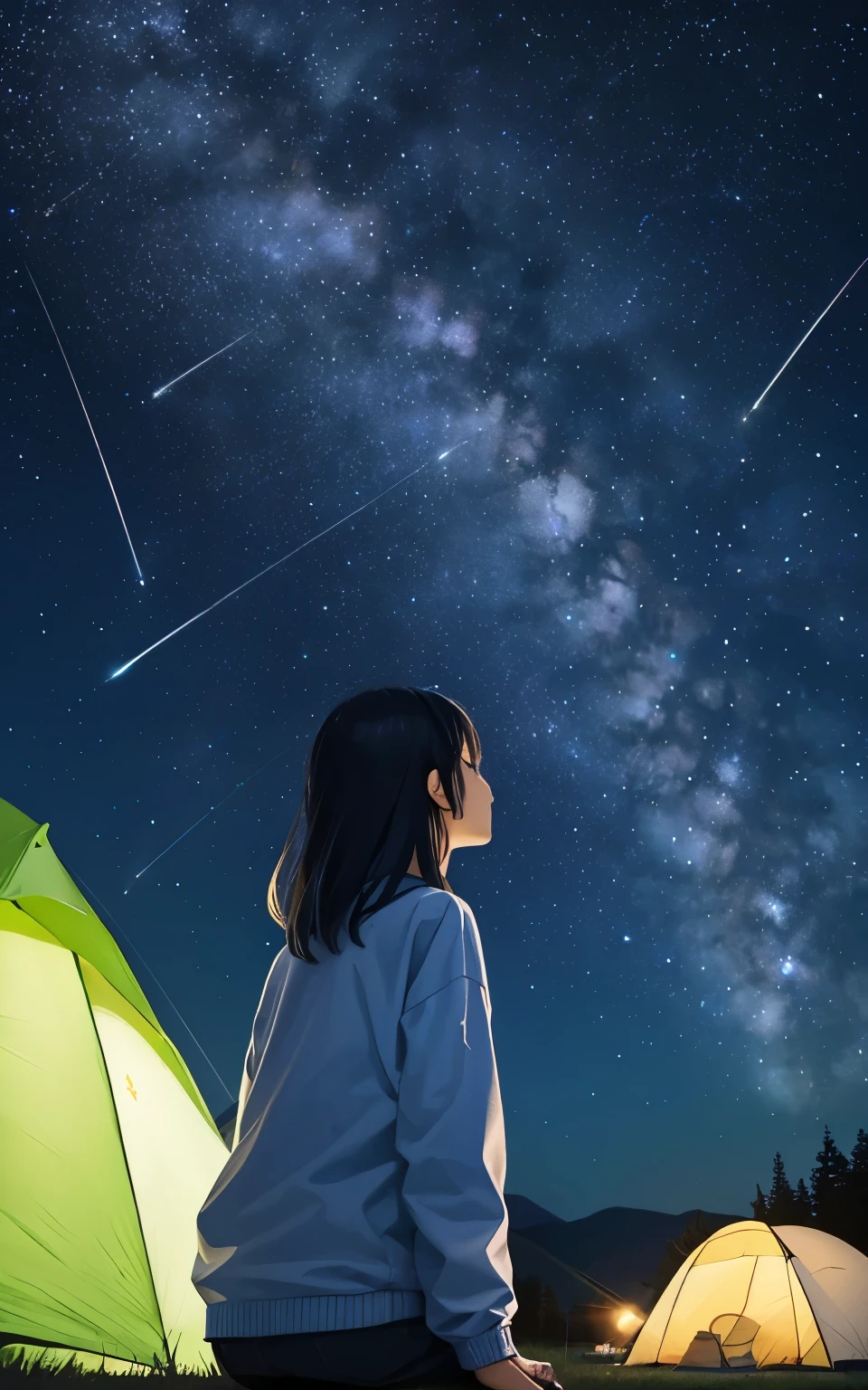 woman observing ( Orionid meteor shower),
Orionid meteor shower, beautiful,
woman, alone, camp, campファイヤー,  looking at the Orionid meteor shower,
from behind, from below,
outdoor,