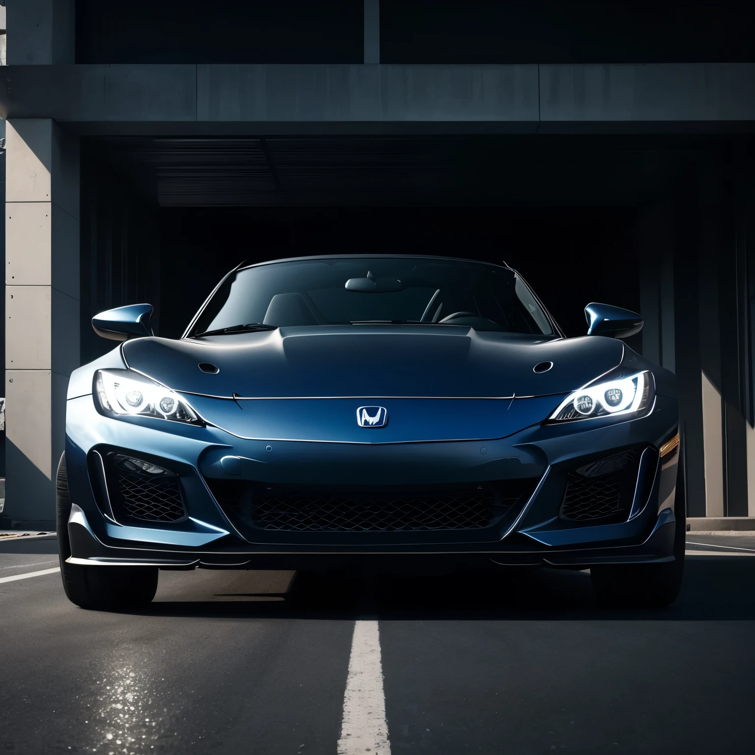 A dark blue Honda S2000 with futuristic design and off-road suspension. The car appears mysterious and sleek. The exterior is highlighted by the dark blue color, giving it a sense of elegance and sophistication. The suspension is enhanced for off-road adventures, making it capable of tackling any rugged terrain. The windows of the car are heavily tinted, and the interior cannot be seen from the outside, adding to the air of mystery surrounding the vehicle. The sleek and aerodynamic body of the car, combined with the futuristic design elements, creates a visually striking image. The overall image quality is of the highest standard, with ultra-detailed rendering and vivid colors. The lighting is carefully crafted to highlight the car's design and create a dramatic effect. The dark blue color theme adds a sense of coolness and sophistication to the scene.