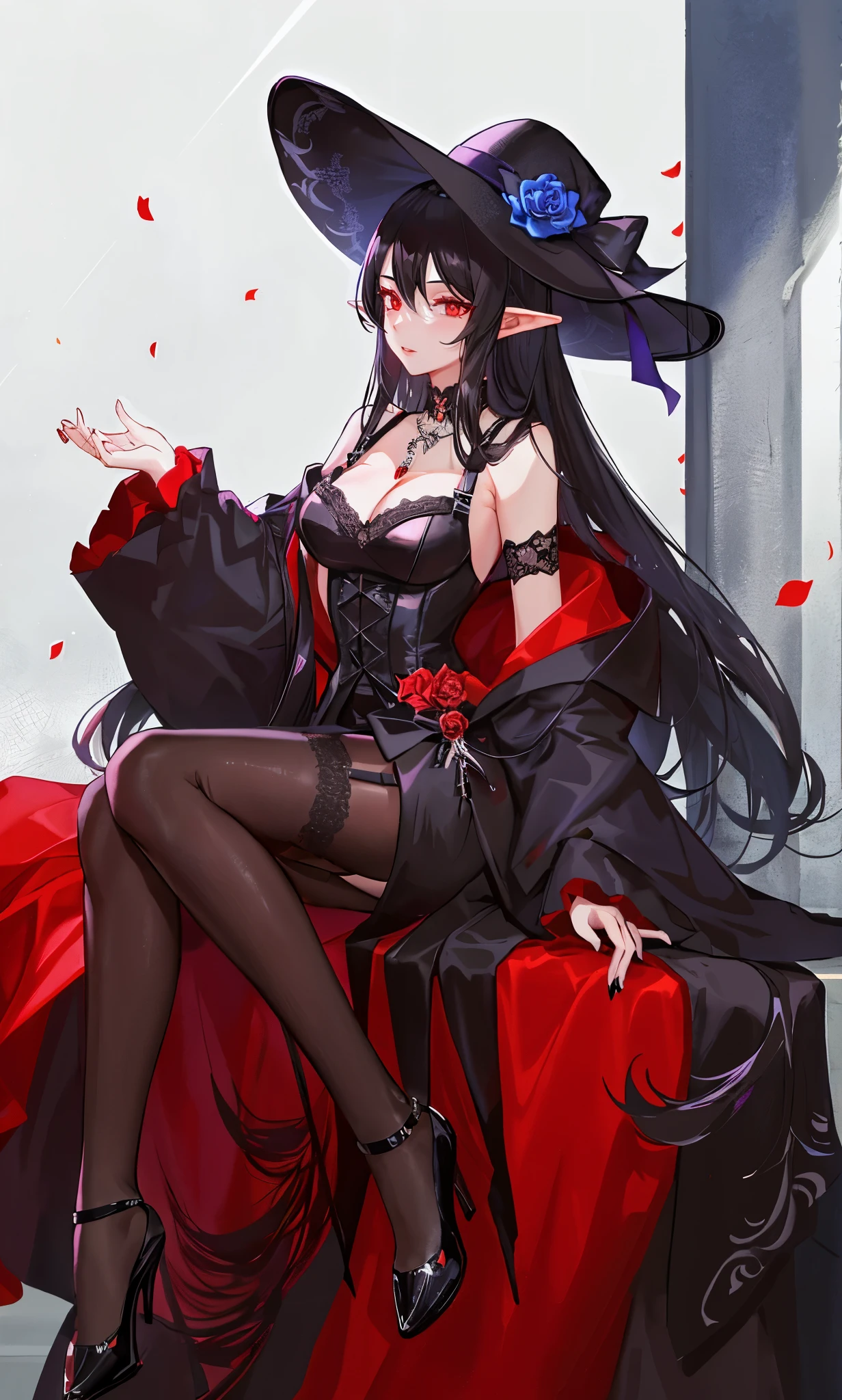long black hair,close up,dream world,Elf royal sister,long black hair凌乱的发丝,Nice red eyes,ruins background,Black Rose Garden,grace,Manicure,Huge wide-brimmed black hat,(Black lady hat),necklace,humanoid,Baroque, Her skin is very white, fair complexion,(Black lace long dress,Black lace suspenders),pointed toe high heels,