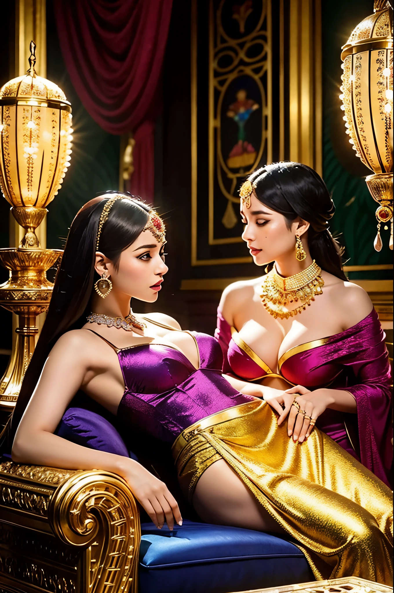 Several busty sexy women with big hips, aged near 20, elegantly dress in Hijabs and adorn themselves with erotic chains as they lounge and play in an opulent harem chamber. Their seductive gazes pierce through the room, with beautiful detailed eyes captivating anyone who dares to look. The room itself exudes an air of luxury, decorated with plush silk fabrics, vibrant colors, and intricate patterns, transporting you to a mesmerizing Conan fantasy world.
The women's lips, equally alluring, are depicted with utmost attention to detail, adding a touch of sensuality to their enchanting presence. They embody power, confidence, and femininity, each exuding a unique aura that enhances the overall allure of the scene. The chamber is filled with a warm, golden glow, accentuating their beauty and casting soft shadows that enhance their voluptuous figures.
The composition of the image is carefully arranged to highlight the women's curves and emphasize their captivating charm. Their poses range from reclining on plush cushions to gracefully stretching their bodies, creating a harmonious flow that enhances the immersive experience. The luxurious surroundings are tastefully adorned with intricate tapestries, exquisite jewelry, and lavish furnishing, reflecting the opulence of the harem.
It is clear that every aspect of this artwork has been meticulously crafted to evoke desire, passion, and a sense of mystique. The quality of the image is unparalleled, boasting a best quality, ultra-detailed depiction on a large scale, with sharp focus on every intricate detail. The art style seamlessly blends realistic and photorealistic elements, capturing the essence of the Conan fantasy world.
The color palette chosen for this artwork is rich and vibrant, with deep jewel tones accented by pops of gold and silver. This combination creates a visually striking contrast that further enhances the allure of the women in their Hijabs. The lighting in the chamber is strategically placed, casting dramatic shadows and creating a captivating interplay between light and shadow that adds depth and dimension to the scene.
In summary, this seductive masterpiece features several busty and sexy Malaysian women with big hips, dressed in Hijabs and adorned with erotic chains, as they lounge and play in an opulent harem chamber. The artwork itself is of the highest quality, boasting ultra-detailed and photorealistic elements, capturing the essence of the Conan fantasy world. The scene is bathed in a warm, golden glow, highlighting the women's captivating beauty and accentuating their sensual presence. The composition, color palette, and lighting all work harmoniously together to create an alluring and mesmerizing artwork that transports viewers to a world of desire, luxury, and fantasy.