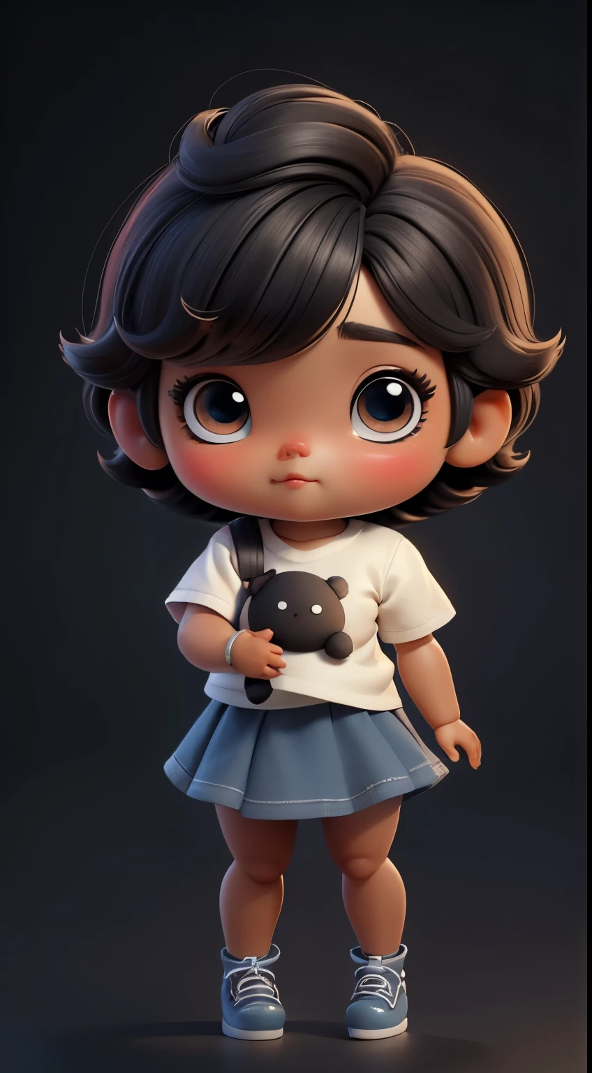 Create a series of cute and cuddly baby chibi style dolls,Com o tema bonito Lolita, Each one has a lot of detail and resolution. All short black hair with brown skin and a full body with a white t-shirt and blue skirt