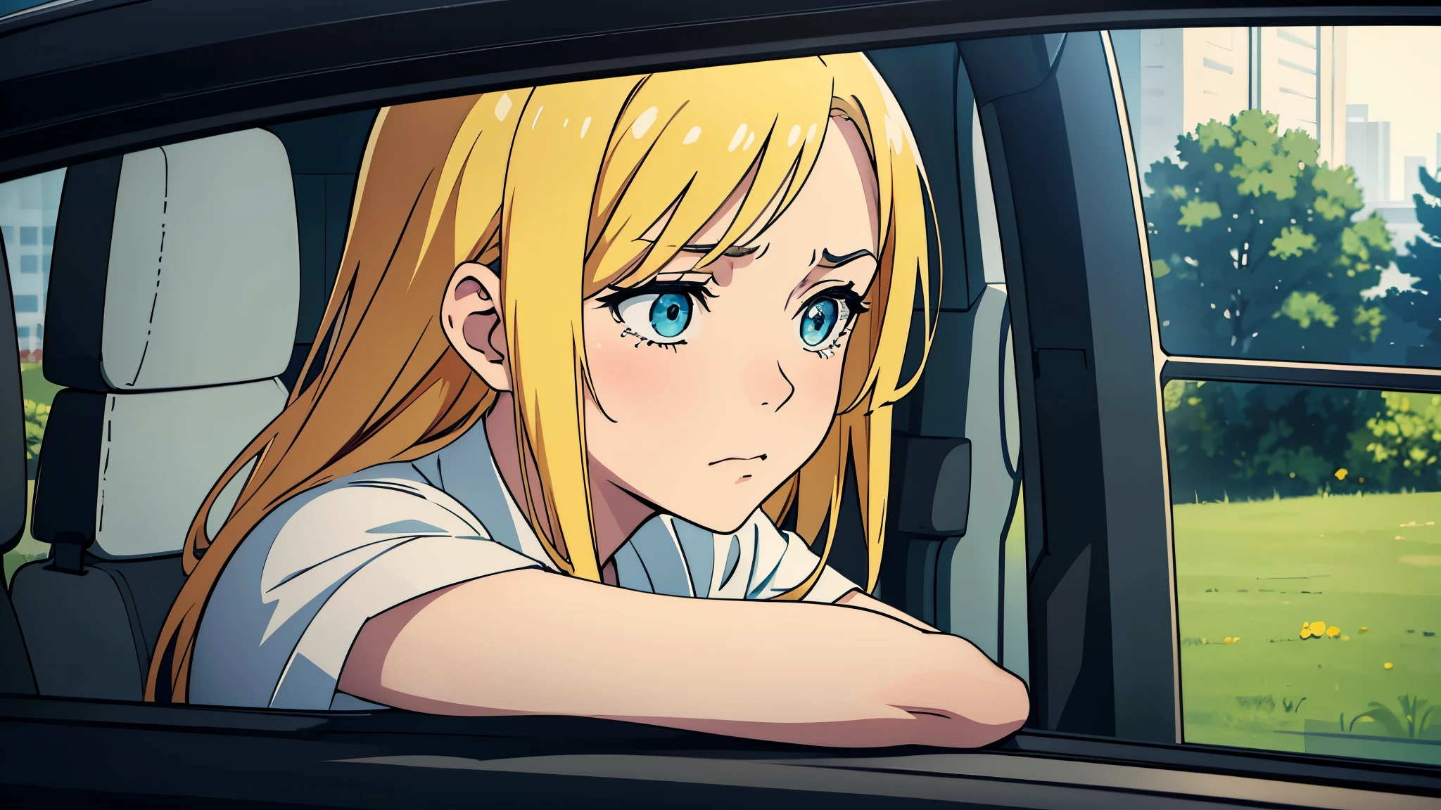 In this emotionally charged anime depiction, a teary-eyed girl captivates with her hauntingly beautiful eyes, meticulously detailed through clean and precise line art. Her character is further distinguished by a cascade of striking yellow hair, framing her face in a side view that intensifies the rawness of her emotions. Positioned thoughtfully beside a car window, the composition invites viewers into a moment suspended in time, where the girl's poignant tears become intertwined with reflections on the windowpane. This artful blend of visual elements creates a powerful narrative, allowing observers to immerse themselves in the poignant intersection of vulnerability and contemplation in this evocative scene.