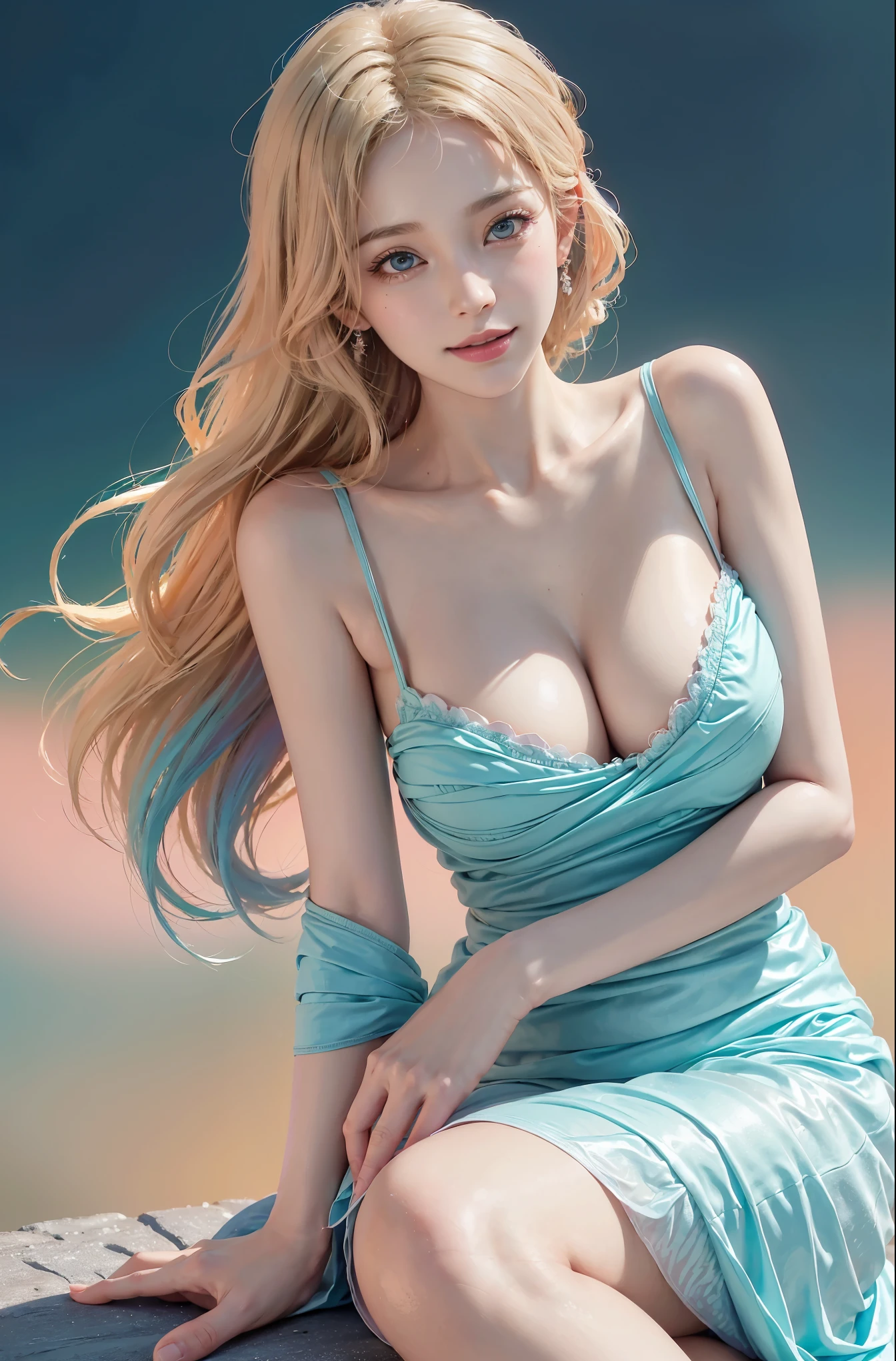 big breasts,colorful dress (knee shot), (Surreal), (illustration), (Resolution enhancement), (8k), (Very detailed), (Best illustration), (Beautiful and delicate eyes), (best quality), (Super detailed), (masterpiece ), ( wallpaper), (Detailed face),one blonde, curls,(High top fade in and out:1.3), (Smile brightly, bright look), dark theme, soothing tone, pastel colors, high contrast, (natural skin texture, Surreal主义, soft light, Impatient),exposure blending, medium shot, Bokeh, (human development report:1.4), high contrast, (Movie, teal and orange:0.85), (pastel colors, fade, soothing tone:1.3), high saturation, (Super detailed:1.2),(big breasts :1.2)