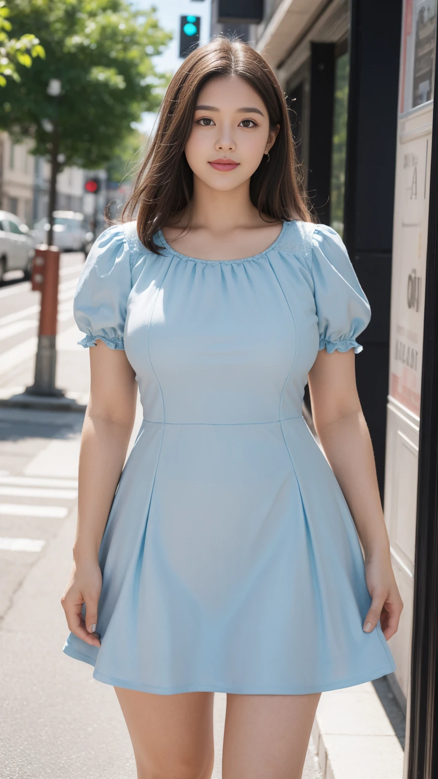 ((Best Quality, 8K, Masterpiece: 1.3)), Fat Body Beauty: 1.4, 30 years old, mature, Bust fullness: 1.6, Thigh Volume: 1.6, Highly detailed face and skin texture, Delicate eyes, Double eyelids, Chubby face, thin lips, smile, fair skin, (dress: 1.6), Standing posture, city street background
