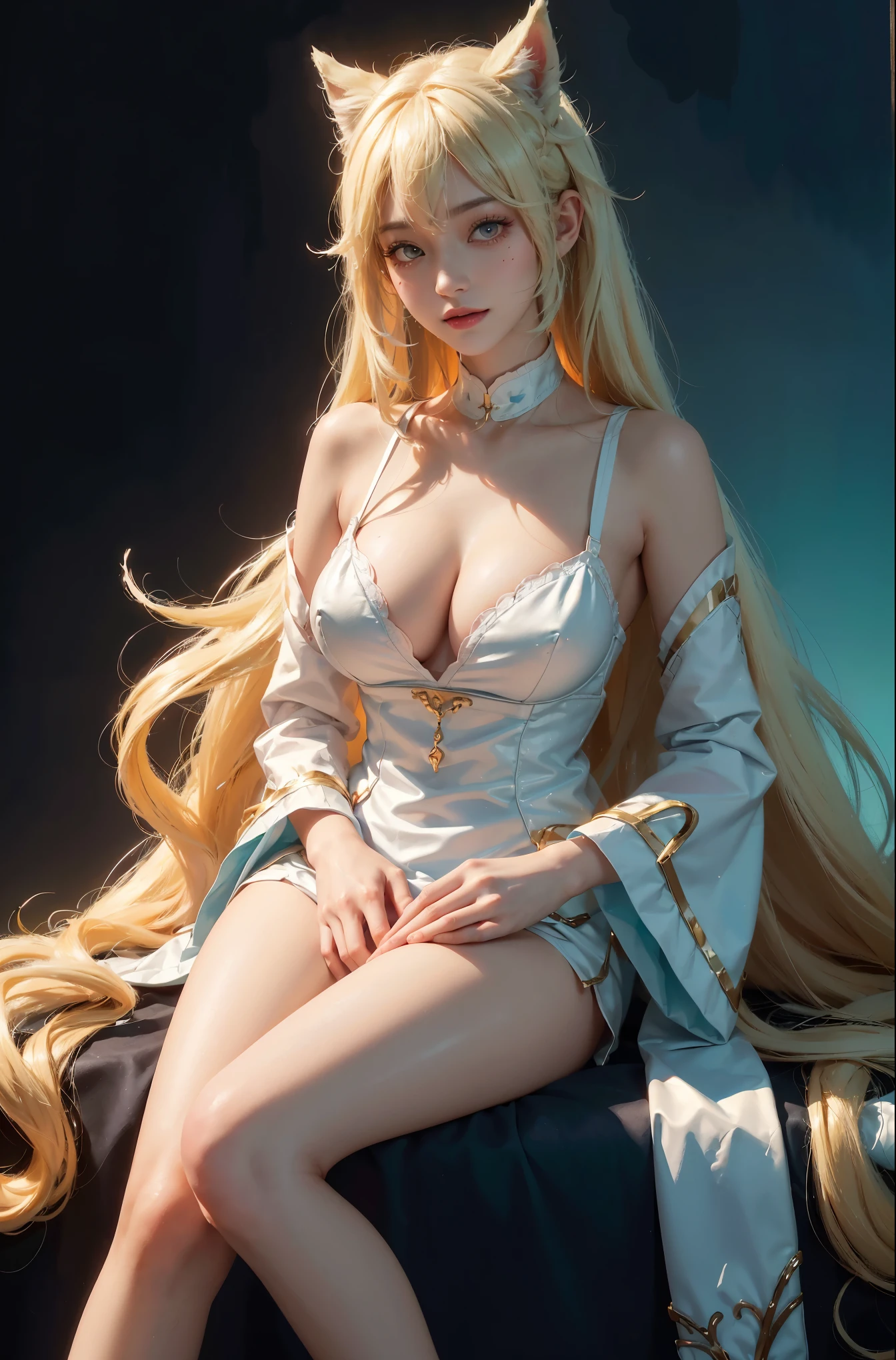 Ahri_Cosplay, White Tails, Black long hair, yellow eyes, (knee shot), (Surreal), (illustration), (Resolution enhancement), (8k), (Very detailed), (Best illustration), (Beautiful and delicate eyes), (best quality), (Super detailed), (masterpiece ), ( wallpaper), (Detailed face),one blonde, curls,(High top fade in and out:1.3), (Smile brightly, bright look), dark theme, soothing tone, pastel colors, high contrast, (natural skin texture, Surreal主义, soft light, Impatient),exposure blending, medium shot, Bokeh, (human development report:1.4), high contrast, (Movie, teal and orange:0.85), (pastel colors, fade, soothing tone:1.3), high saturation, (Super detailed:1.2),(big breasts :1.2)