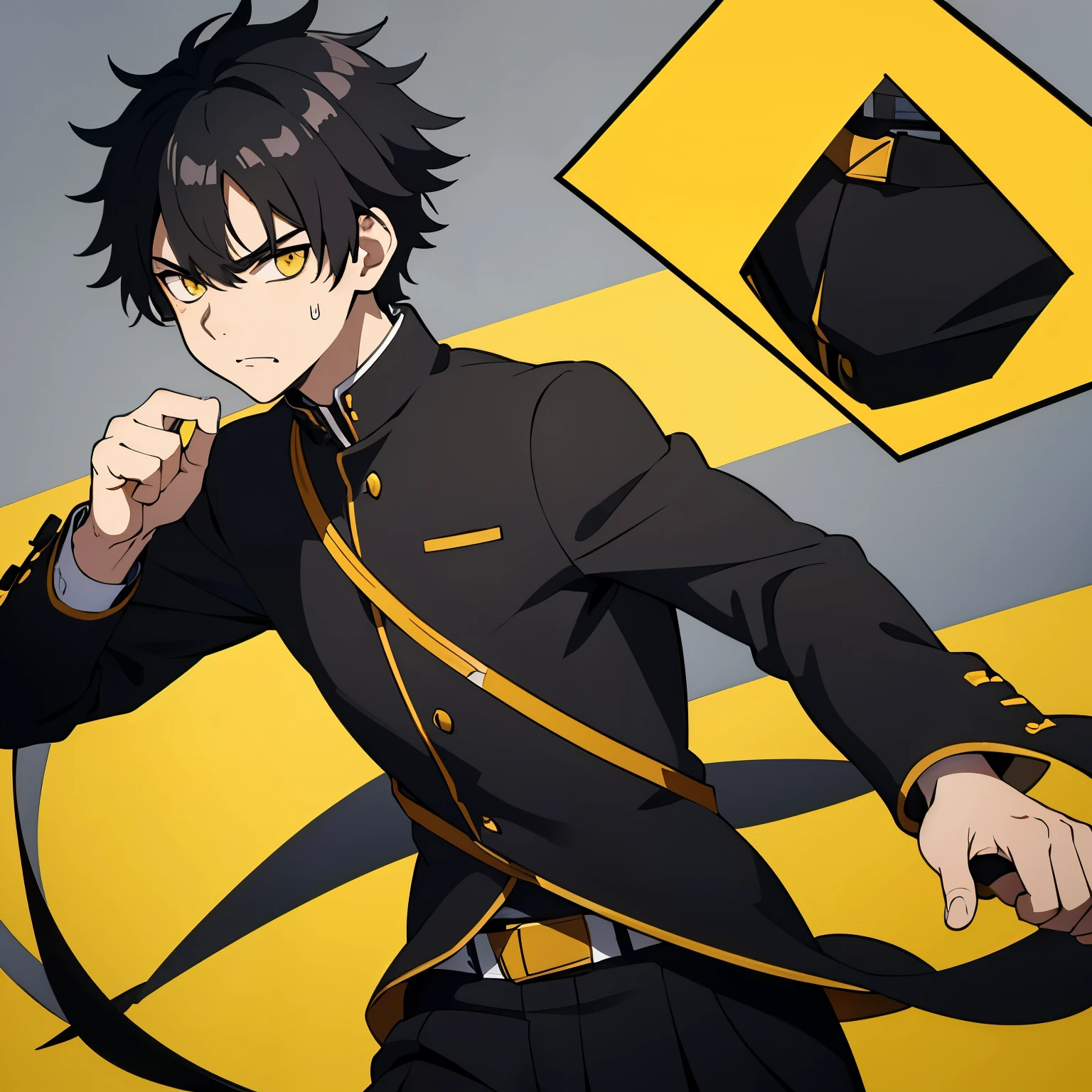1 boy, black hair, yellow eyes, black uniform, calm face, short hair, handsome, boy, angry, mad