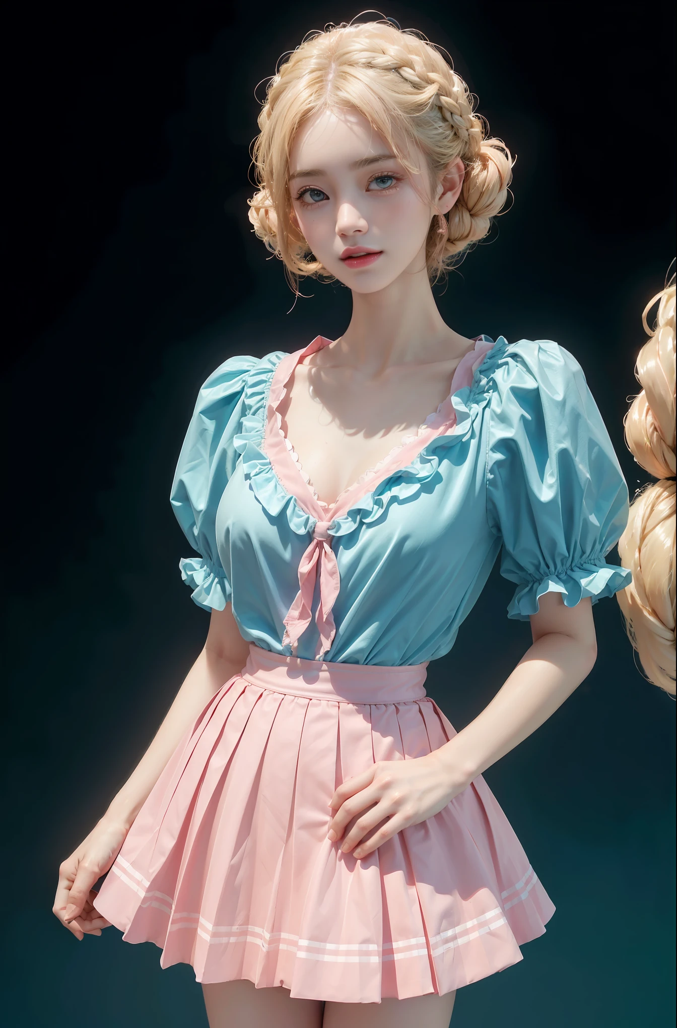 pleated skirt,pink skirt,pink sailor collar, (knee shot), (Surreal), (illustration), (Resolution enhancement), (8k), (Very detailed), (Best illustration), (Beautiful and delicate eyes), (best quality), (Super detailed), (masterpiece ), ( wallpaper), (Detailed face),one blonde, curls,(High top fade in and out:1.3), (Smile brightly, bright look), dark theme, soothing tone, pastel colors, high contrast, (natural skin texture, Surreal主义, soft light, Impatient),exposure blending, medium shot, Bokeh, (human development report:1.4), high contrast, (Movie, teal and orange:0.85), (pastel colors, fade, soothing tone:1.3), high saturation, (Super detailed:1.2),(big breasts :1.2)