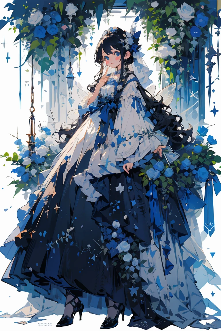 (masterpiece:1.2), best quality,PIXIV,fairy tale girl, 1 woman, black hair, black eyes, black dress, lolita fashion, black theme
