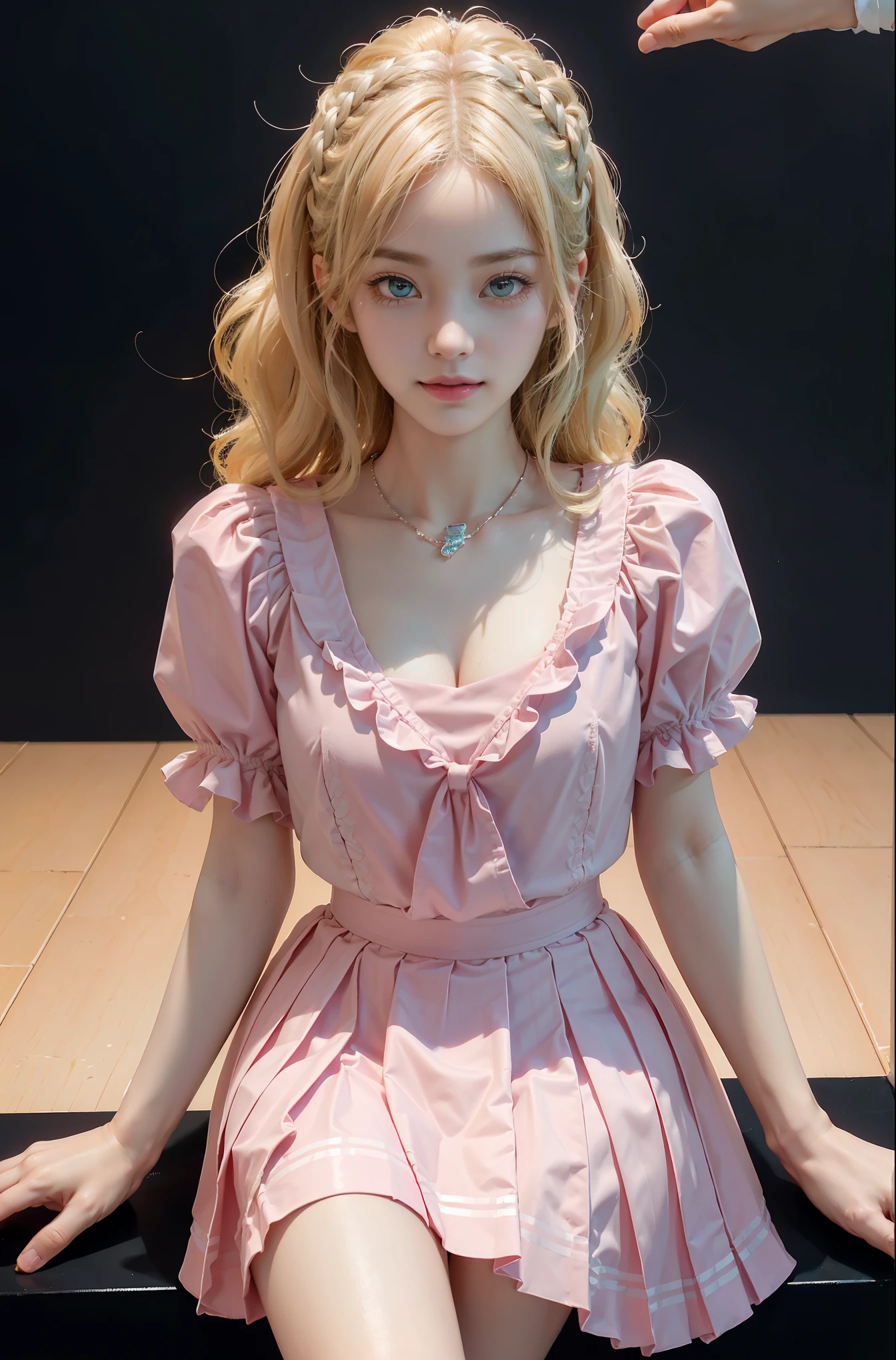 pleated skirt,pink skirt,pink sailor collar, (knee shot), (Surreal), (illustration), (Resolution enhancement), (8k), (Very detailed), (Best illustration), (Beautiful and delicate eyes), (best quality), (Super detailed), (masterpiece ), ( wallpaper), (Detailed face),one blonde, curls,(High top fade in and out:1.3), (Smile brightly, bright look), dark theme, soothing tone, pastel colors, high contrast, (natural skin texture, Surreal主义, soft light, Impatient),exposure blending, medium shot, Bokeh, (human development report:1.4), high contrast, (Movie, teal and orange:0.85), (pastel colors, fade, soothing tone:1.3), high saturation, (Super detailed:1.2),(big breasts :1.2)