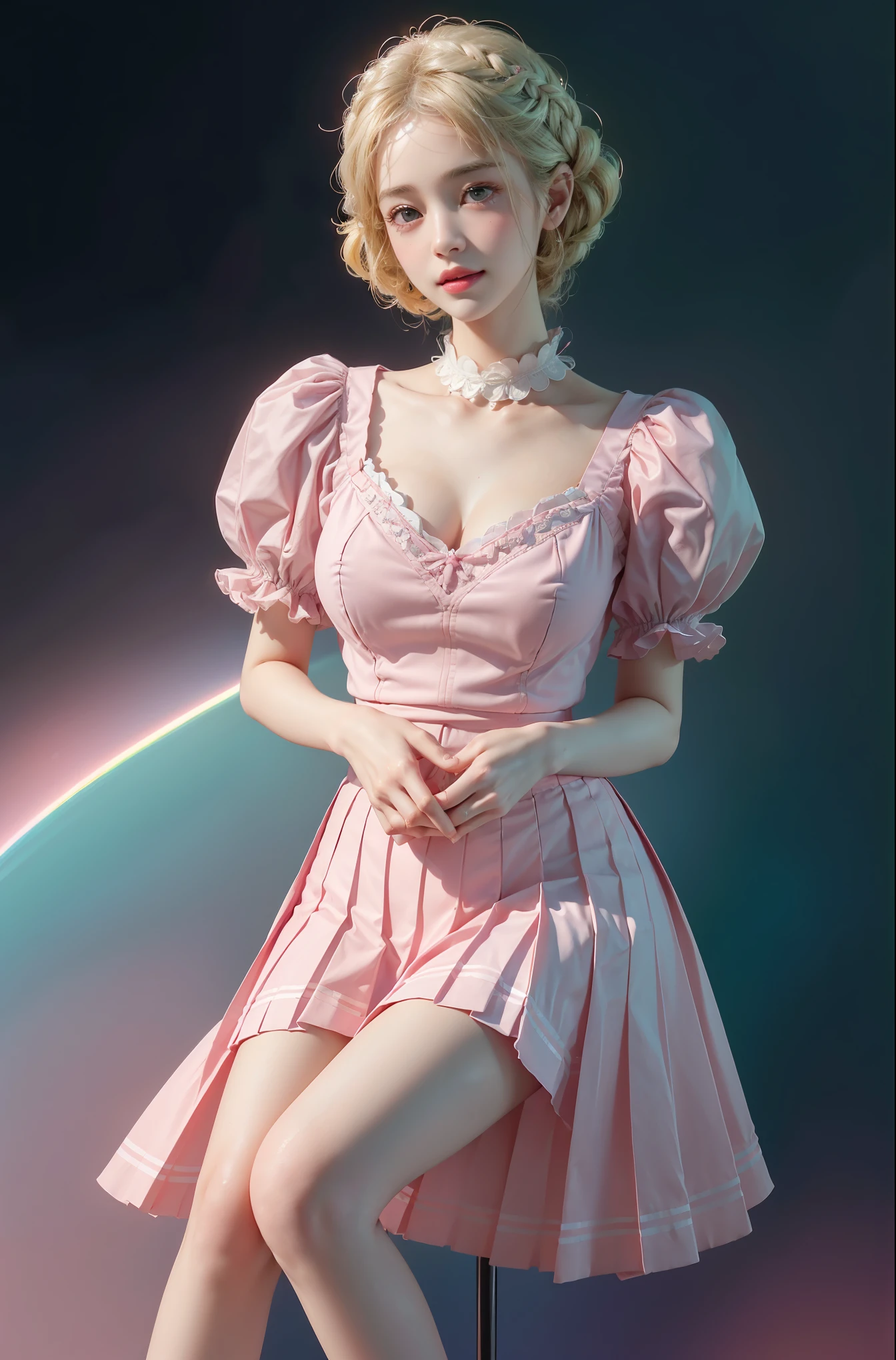 pleated skirt,pink skirt,pink sailor collar, (knee shot), (Surreal), (illustration), (Resolution enhancement), (8k), (Very detailed), (Best illustration), (Beautiful and delicate eyes), (best quality), (Super detailed), (masterpiece ), ( wallpaper), (Detailed face),one blonde, curls,(High top fade in and out:1.3), (Smile brightly, bright look), dark theme, soothing tone, pastel colors, high contrast, (natural skin texture, Surreal主义, soft light, Impatient),exposure blending, medium shot, Bokeh, (human development report:1.4), high contrast, (Movie, teal and orange:0.85), (pastel colors, fade, soothing tone:1.3), high saturation, (Super detailed:1.2),(big breasts :1.2)
