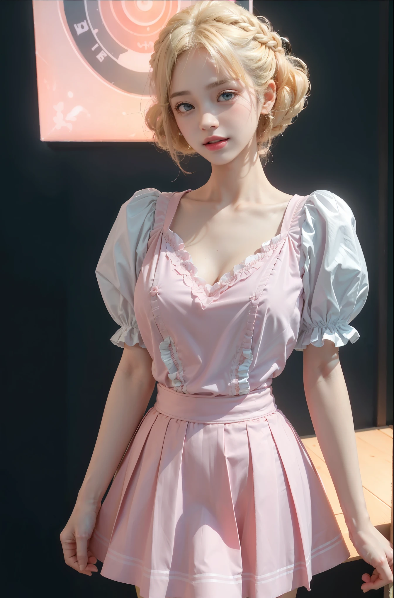 pleated skirt,pink skirt,pink sailor collar, (knee shot), (Surreal), (illustration), (Resolution enhancement), (8k), (Very detailed), (Best illustration), (Beautiful and delicate eyes), (best quality), (Super detailed), (masterpiece ), ( wallpaper), (Detailed face),one blonde, curls,(High top fade in and out:1.3), (Smile brightly, bright look), dark theme, soothing tone, pastel colors, high contrast, (natural skin texture, Surreal主义, soft light, Impatient),exposure blending, medium shot, Bokeh, (human development report:1.4), high contrast, (Movie, teal and orange:0.85), (pastel colors, fade, soothing tone:1.3), high saturation, (Super detailed:1.2),(big breasts :1.2)