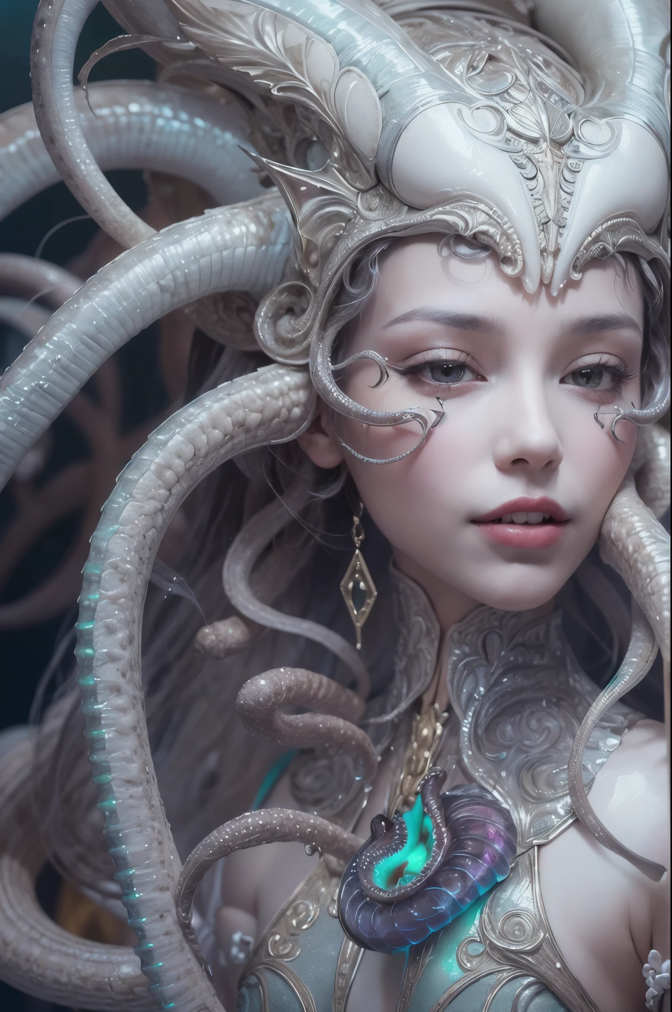 (A portrait of one beautiful and obscene female alien who is a young ager:1.4), ((There is a female genital-like organ in the middle of her forehead:1.8)), (realistic face:1.2), (Numerous award-winning masterpieces, with incredible detail, textures and maximum detail), artistic photography, midnight aura, unreal engine 5, Ultra Sharp Focus, art by Amano Yoshitaka, ArtGerm, Roisch, intricate artwork, ultra realistic realism, high resolution, High freshness, drawing faithfully, official art, Unity 8K Wall paper, ultra detailed artistic photography, dream-like, Creation of fantasy, dream Snail, (biopunk nautilus:1.3),Thrilling color schemes, seductively smiling, Amazing mutation, well-proportioned body, goddess of the deep sea, fractal, Geometric pattern, impossible figures, (translucent white tentacles with luminescent organs:1.4), subtle emerald green accents, (smiling seductively:1.3),(She has the most beautiful face in the history of the universe:1.5), Penelope Cruz, (she is looking down at viewers with glowing iridescent eyes with no pupils:1.3), an evil gaze that seduces, cinematic lighting, (Vampire-like long canine teeth can be glimpsed through the gap between the cute lips:1.3), in the hall of the palace, Sweet breath is exhaling from beautiful lips, ecstatic expression