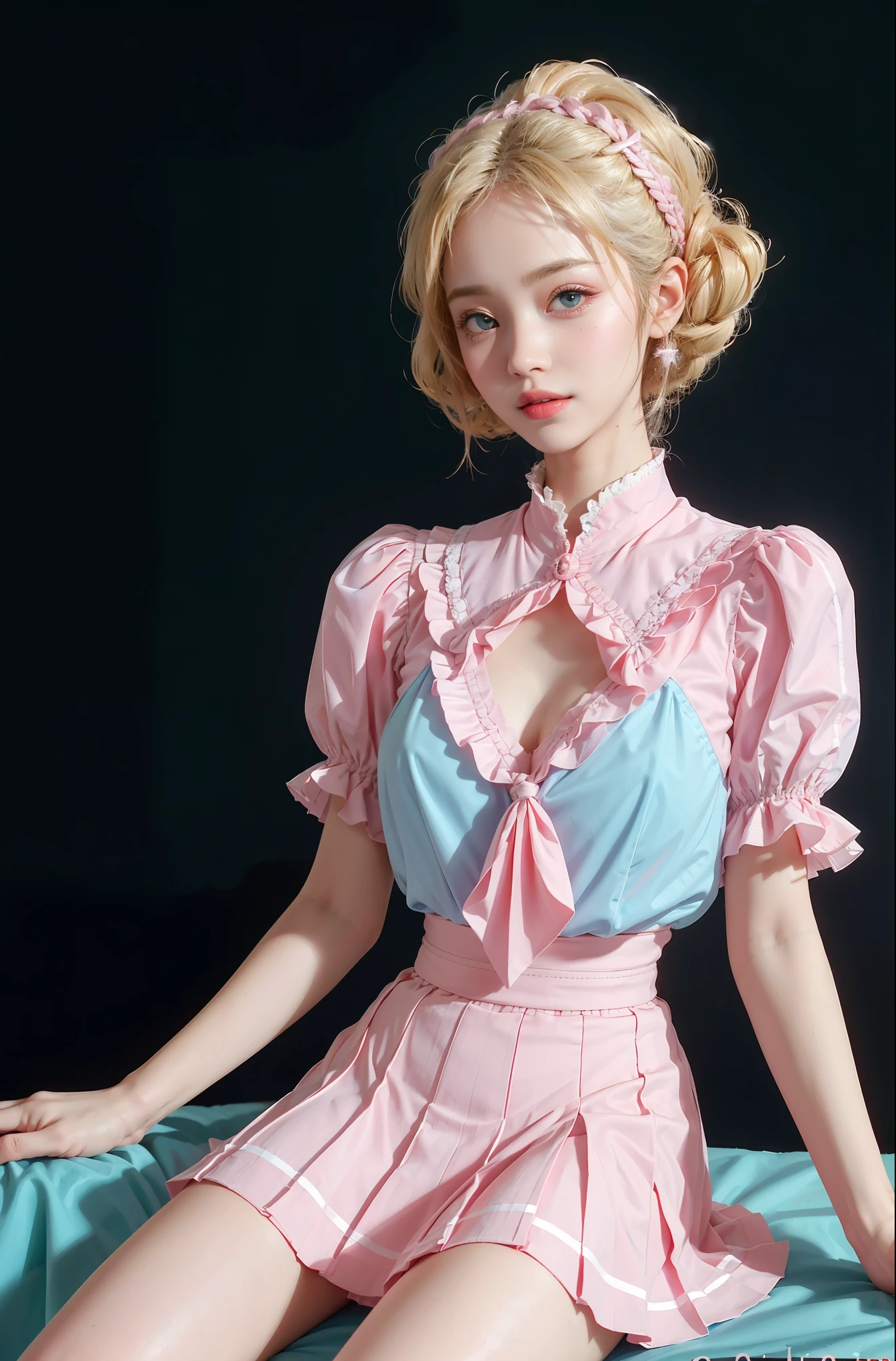 ((Alice Margatroid)), ((Touhou Project)), Cosplay, (Blonde)), (((Bobcut)), (Bangs)), (Headband)))), ((Blue Skirt)), (White Cape)))), (Middle Breast), (Light)), (Mori)))), Slim Body, Slim Girl Model, 18-year-old female model, (((( Small dolls)))