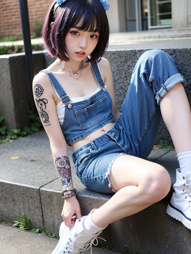 punk fashion girl、Sitting manly on the road with legs apart、colorful tattoos all over the body、(piercing in navel:1.5)、Nipple piercing、Overalls on bare skin、denim shorts、distressed denim、wearing engineer boots、Tattoos on thighs、blue rose hair accessories、silver earrings in ears、Skull Ring、Leather band at thigh、Leather Bracelet