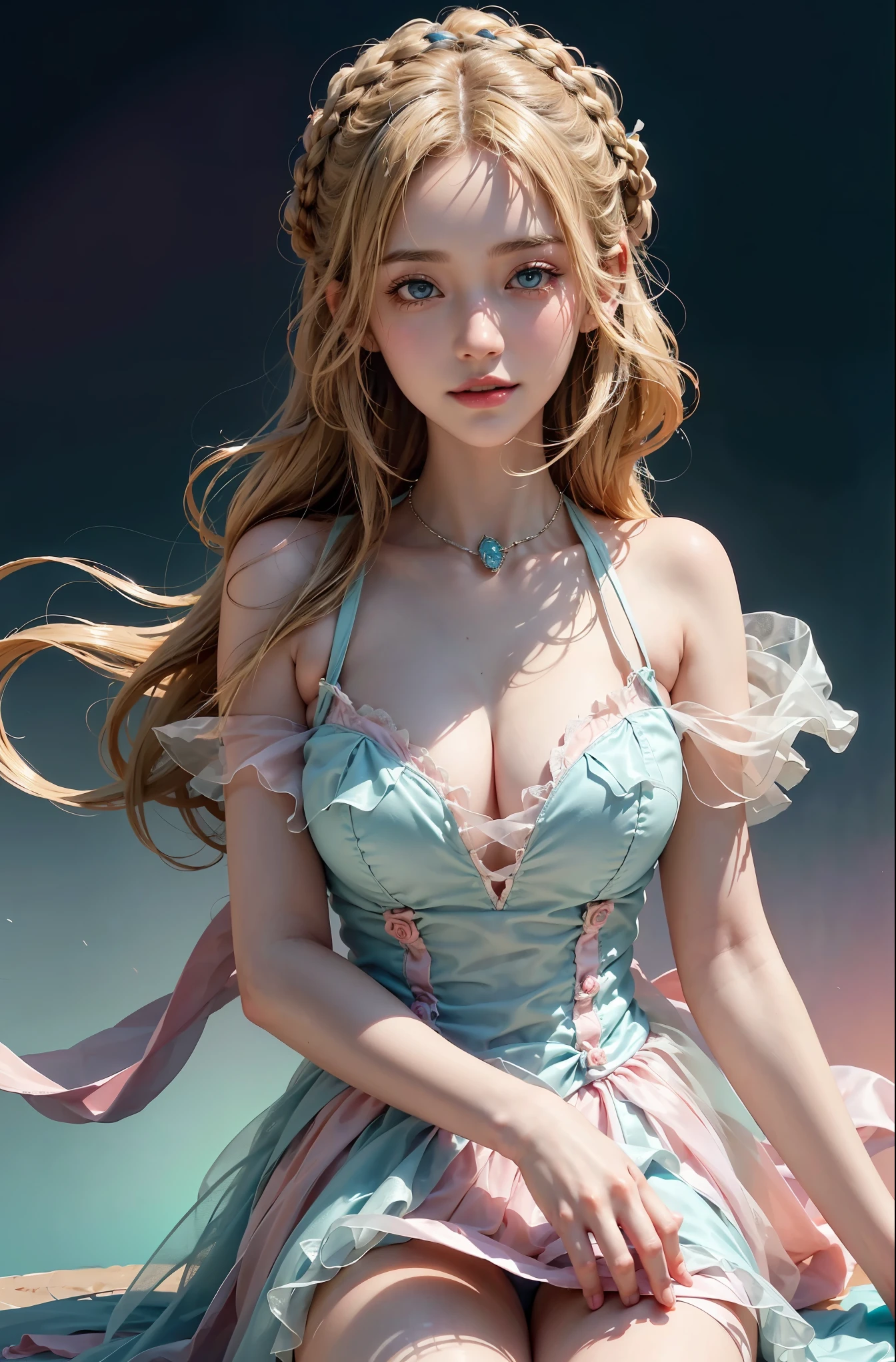 Romantic Rosette dress2, (knee shot), (Surreal), (illustration), (Resolution enhancement), (8k), (Very detailed), (Best illustration), (Beautiful and delicate eyes), (best quality), (Super detailed), (masterpiece ), ( wallpaper), (Detailed face),one blonde, curls,(High top fade in and out:1.3), (Smile brightly, bright look), dark theme, soothing tone, pastel colors, high contrast, (natural skin texture, Surreal主义, soft light, Impatient),exposure blending, medium shot, Bokeh, (human development report:1.4), high contrast, (Movie, teal and orange:0.85), (pastel colors, fade, soothing tone:1.3), high saturation, (Super detailed:1.2),(big breasts :1.2)