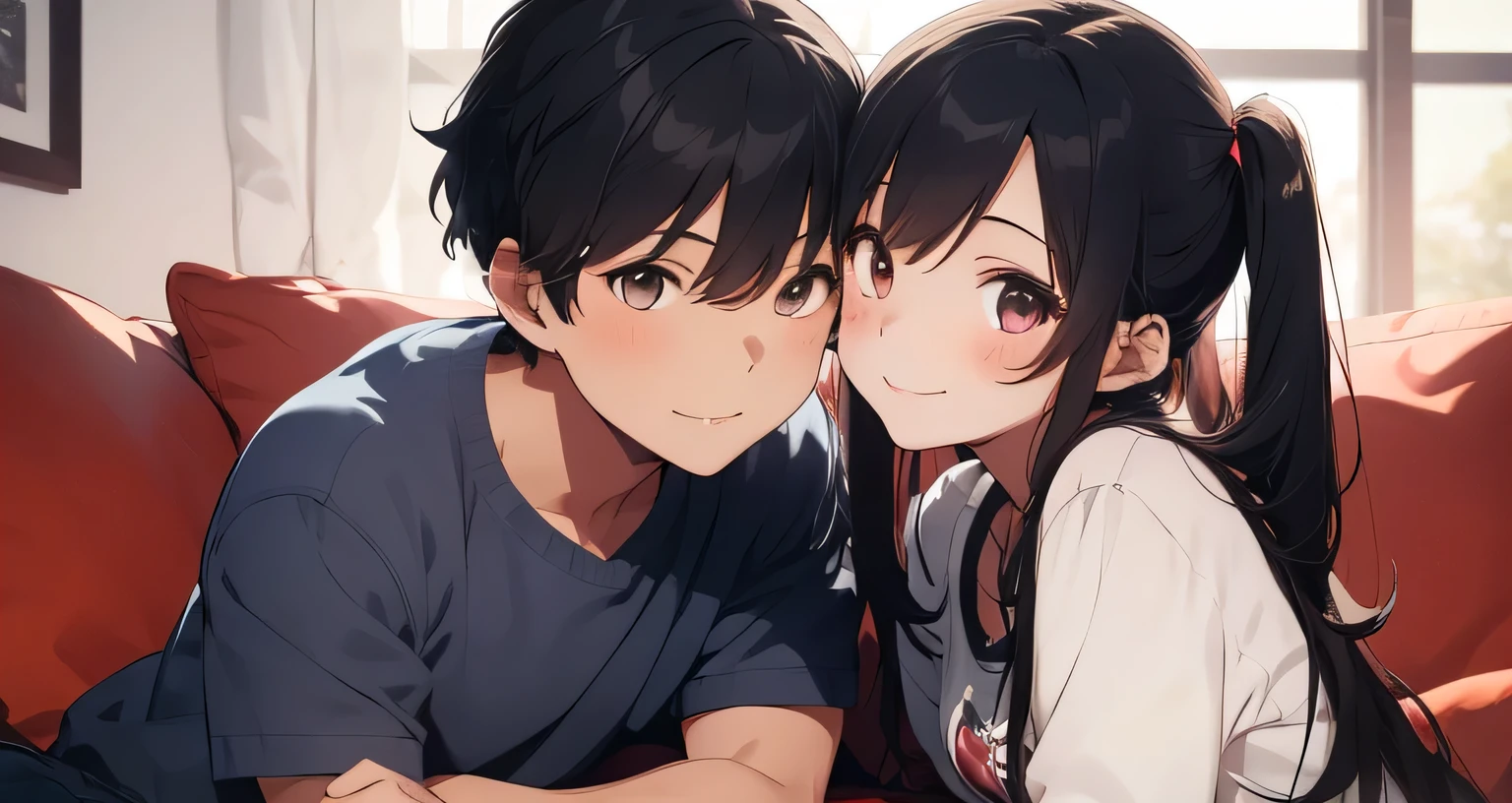 1 girl with twin tails and 1 boy cuddling on the sofa, cute couple, looking at each other, Both of them smiled slightly,