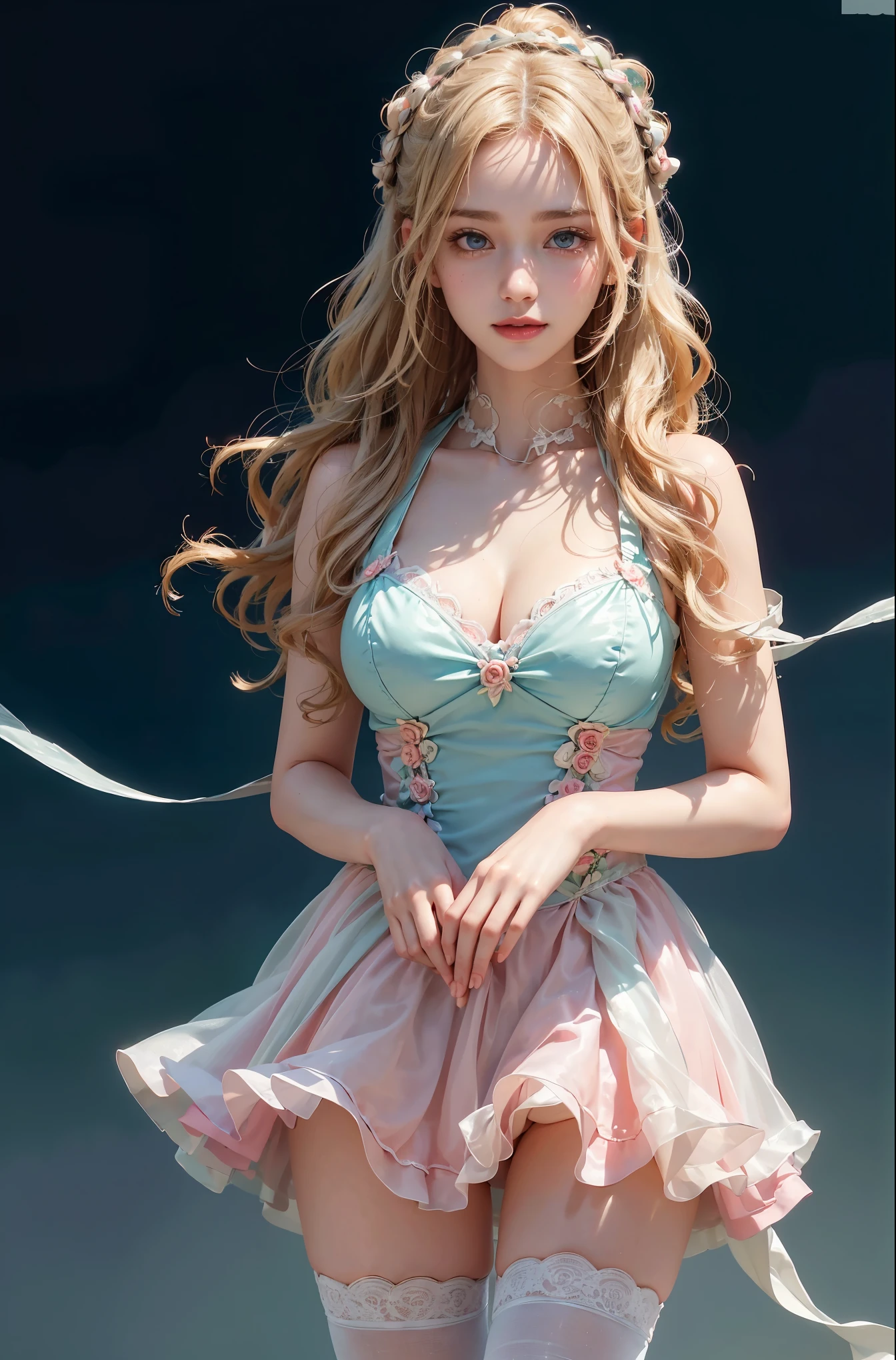 Romantic Rosette dress2, (knee shot), (Surreal), (illustration), (Resolution enhancement), (8k), (Very detailed), (Best illustration), (Beautiful and delicate eyes), (best quality), (Super detailed), (masterpiece ), ( wallpaper), (Detailed face),one blonde, curls,(High top fade in and out:1.3), (Smile brightly, bright look), dark theme, soothing tone, pastel colors, high contrast, (natural skin texture, Surreal主义, soft light, Impatient),exposure blending, medium shot, Bokeh, (human development report:1.4), high contrast, (Movie, teal and orange:0.85), (pastel colors, fade, soothing tone:1.3), high saturation, (Super detailed:1.2),(big breasts :1.2)