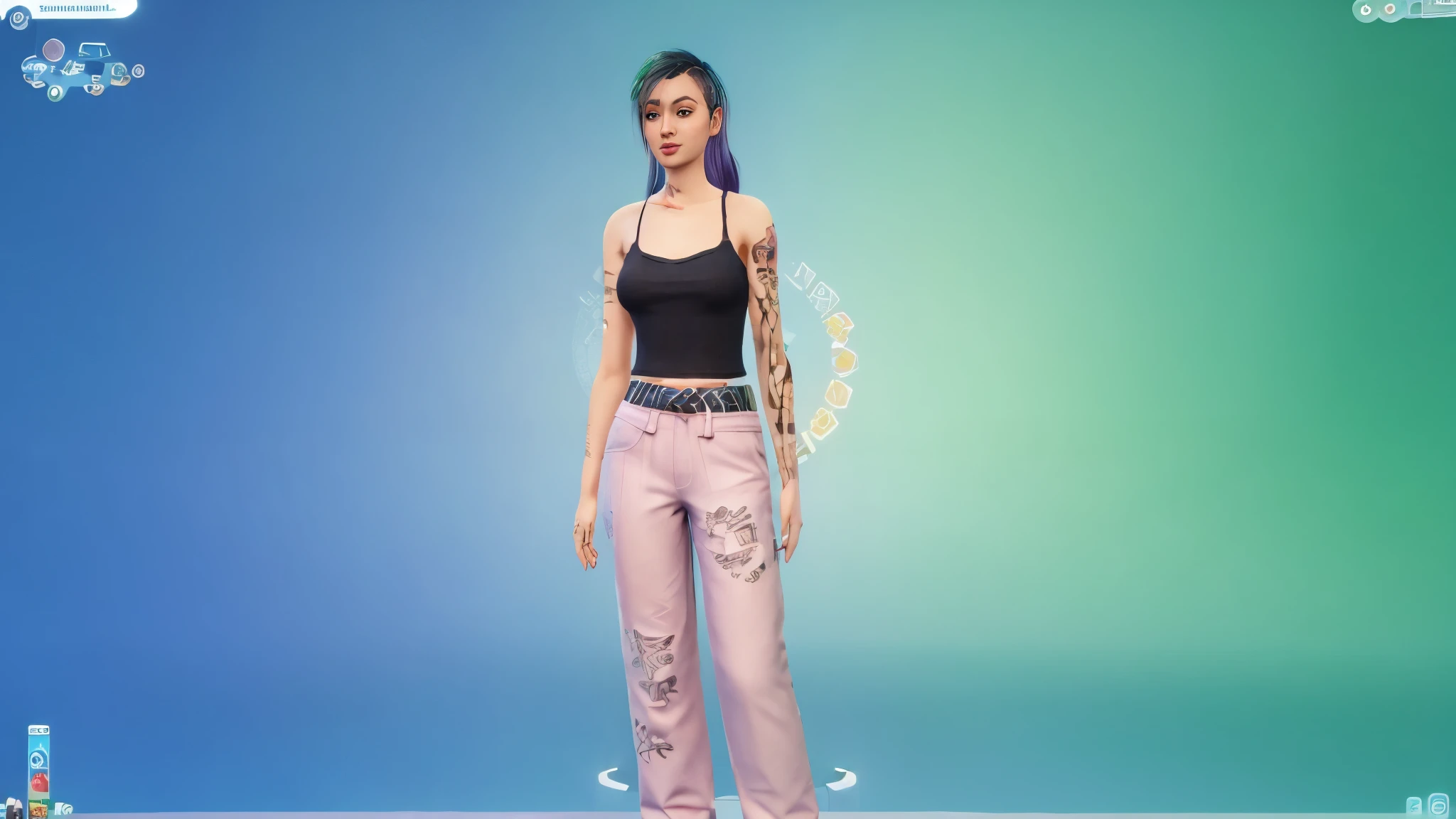 a close up of a person in a black top and pink pants, sims 4 screenshot, inspired by Sim Sa-jeong, the sims 4, mid 2 0's female, fashion gameplay screenshot, the sims 4 texture, upper body avatar, 2 4 year old female model, inspired by Sophia Beale, cloth sim, photorealistic full body, lunar themed attire