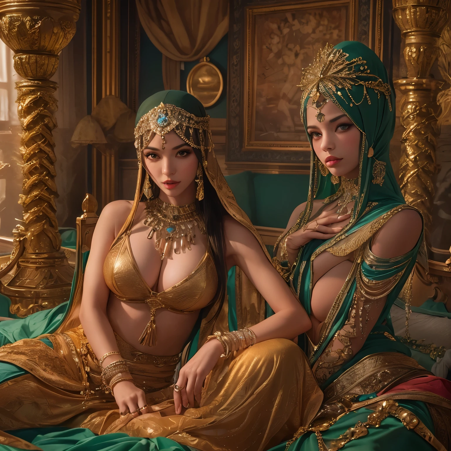 Several busty sexy women with big hips, aged near 20, elegantly dress in Hijabs and adorn themselves with erotic chains as they lounge and play in an opulent harem chamber. Their seductive gazes pierce through the room, with beautiful detailed eyes captivating anyone who dares to look. The room itself exudes an air of luxury, decorated with plush silk fabrics, vibrant colors, and intricate patterns, transporting you to a mesmerizing Conan fantasy world.

The women's lips, equally alluring, are depicted with utmost attention to detail, adding a touch of sensuality to their enchanting presence. They embody power, confidence, and femininity, each exuding a unique aura that enhances the overall allure of the scene. The chamber is filled with a warm, golden glow, accentuating their beauty and casting soft shadows that enhance their voluptuous figures.

The composition of the image is carefully arranged to highlight the women's curves and emphasize their captivating charm. Their poses range from reclining on plush cushions to gracefully stretching their bodies, creating a harmonious flow that enhances the immersive experience. The luxurious surroundings are tastefully adorned with intricate tapestries, exquisite jewelry, and lavish furnishing, reflecting the opulence of the harem.

It is clear that every aspect of this artwork has been meticulously crafted to evoke desire, passion, and a sense of mystique. The quality of the image is unparalleled, boasting a best quality, ultra-detailed depiction on a large scale, with sharp focus on every intricate detail. The art style seamlessly blends realistic and photorealistic elements, capturing the essence of the Conan fantasy world.

The color palette chosen for this artwork is rich and vibrant, with deep jewel tones accented by pops of gold and silver. This combination creates a visually striking contrast that further enhances the allure of the women in their Hijabs. The lighting in the chamber is strategically placed, casting dramatic shadows and creating a captivating interplay between light and shadow that adds depth and dimension to the scene.

In summary, this seductive masterpiece features several busty and sexy Malaysian women with big hips, dressed in Hijabs and adorned with erotic chains, as they lounge and play in an opulent harem chamber. The artwork itself is of the highest quality, boasting ultra-detailed and photorealistic elements, capturing the essence of the Conan fantasy world. The scene is bathed in a warm, golden glow, highlighting the women's captivating beauty and accentuating their sensual presence. The composition, color palette, and lighting all work harmoniously together to create an alluring and mesmerizing artwork that transports viewers to a world of desire, luxury, and fantasy.