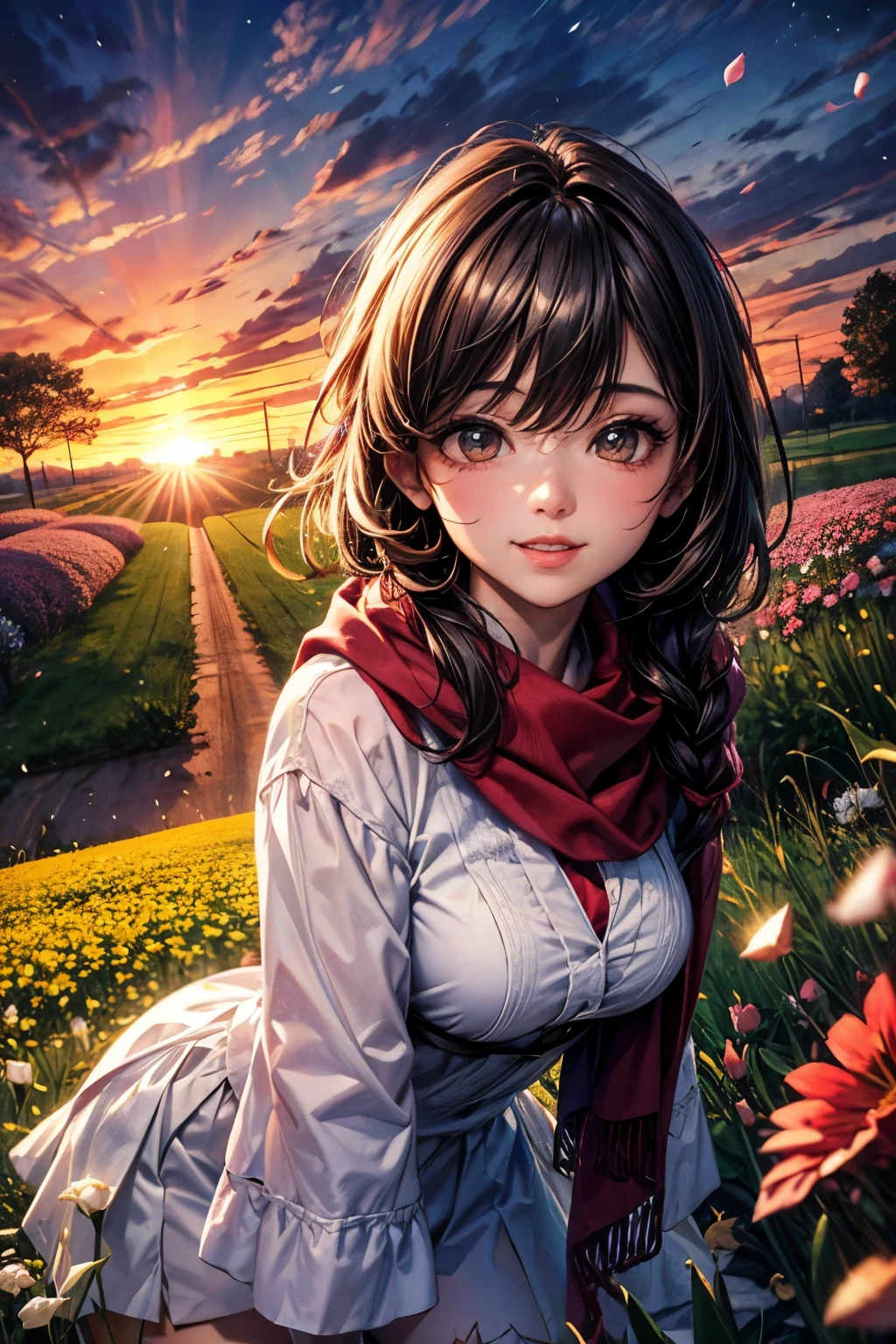 vista, panorama, Perspectiva, profundidad de campo, Busto, parte superior del cuerpo, cinematic angle, obra maestra, Mejor calidad, ultra detallado, CG, Fondo de pantalla 8K, Hermoso rostro, ojos delicados, Una doncella, Solo, Sonrisa, cabello plateado, ojos dorados, piel blanca, Hebras de cabello, Bufanda roja, Vestido de noche blanco, campo de rosas, Flores rojas, rosas, campo de flores, petals, Flying petals, sonriente