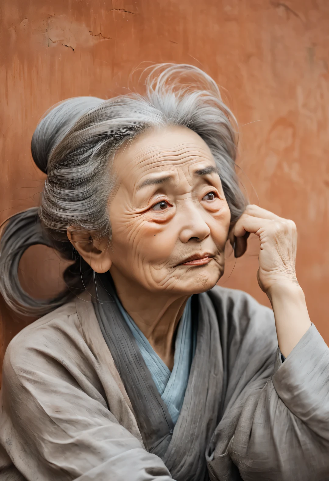 With terracotta warriors and horses art style , portrait,An old Chinese lady,A bit like the old Chinese actor Wang Yumei,Wrinkled face,The expressions and eyes of expectant waiting,Gray messy hair blowing in the wind,Covering the forehead with one hand and looking out,