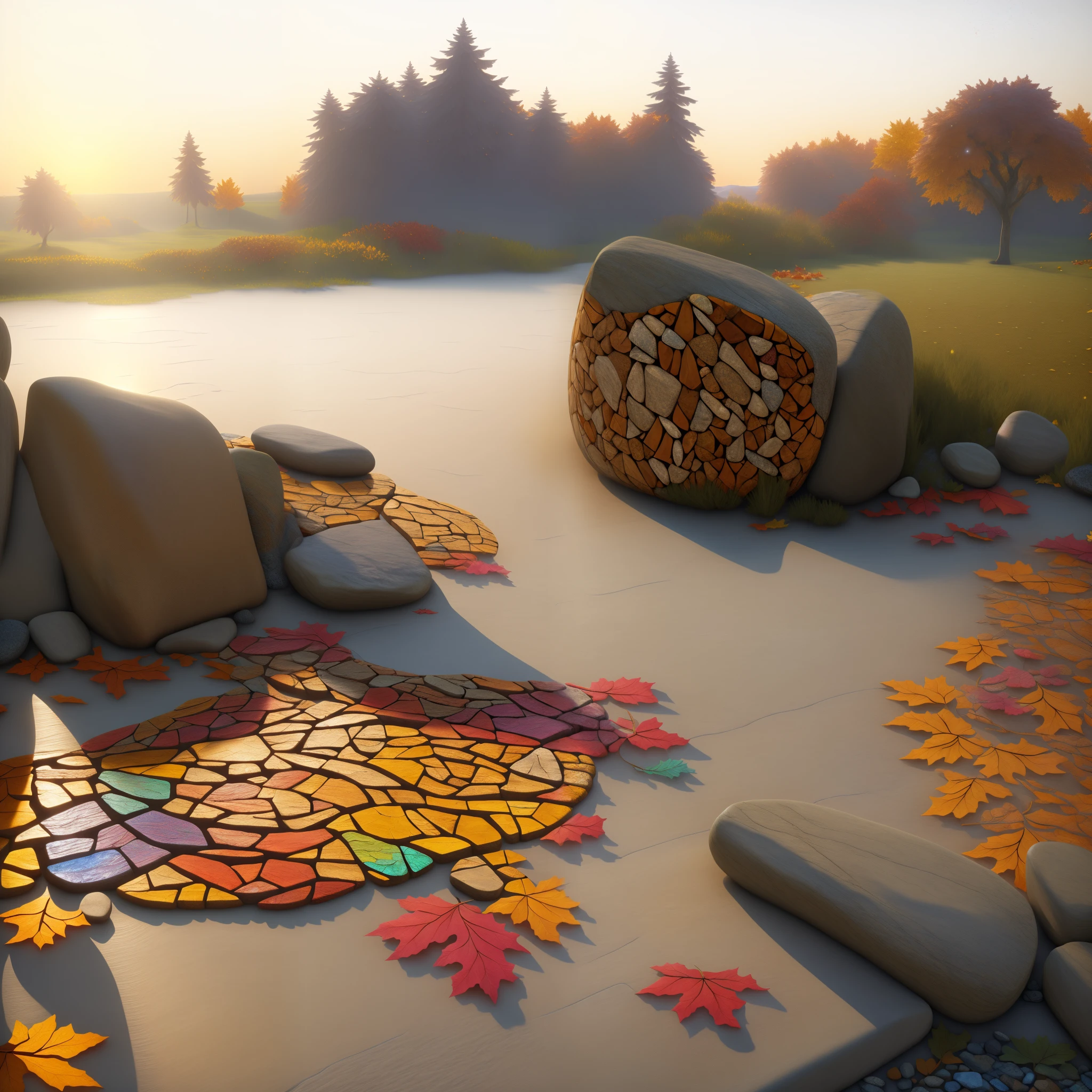there is a stone bench with a colorful mosaic design on it, realistic scene, hyperrealistic fall, rendered in v-ray, rendered in maya and houdini, environmental artwork, land art, rendered in blender, masterpiece. rendered in blender, a hyper realistic, depicted as a 3 d render, a beautiful land art of a large, rendered in povray