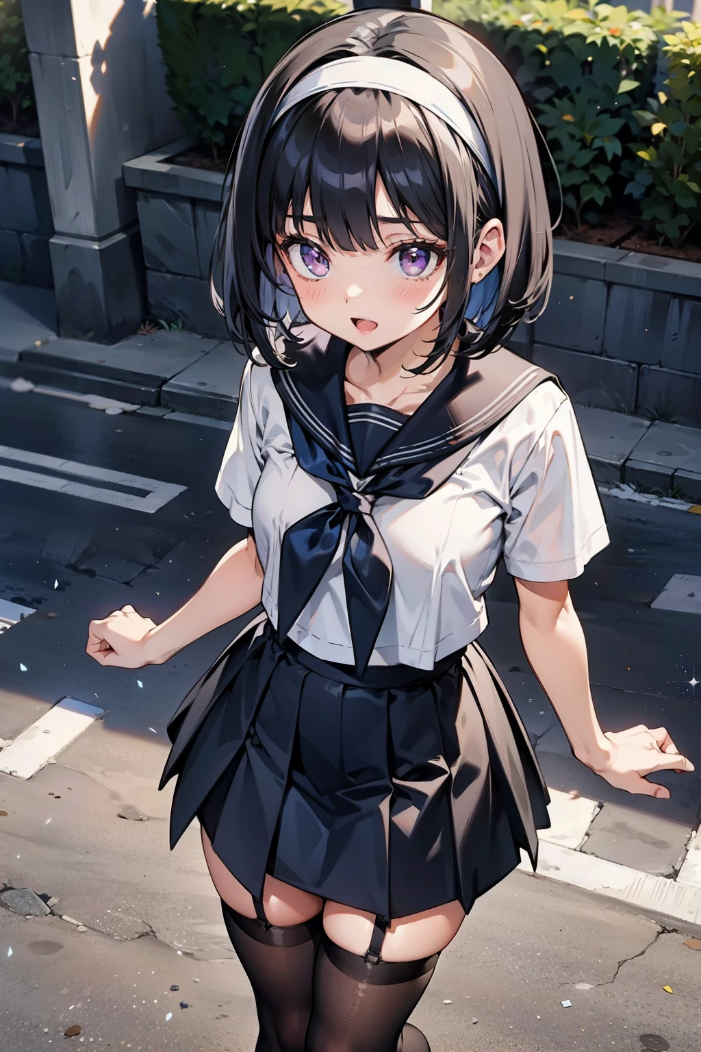 body 8 times longer than head, (Highly detailed CG unity 8k), (highest quality),(very detailed),(ultra high resolution), black hair, High school girl wearing a navy sailor suit, Anime 2D rendering, realistic young anime high school girl, ((White headband)), purple eyes, small breasts, tall, slanted eyes, (school scenery), black stockings, bright color, open your mouth a little, Dark blue skirt, bob cut, position looking down from above, raise the right leg, jump,