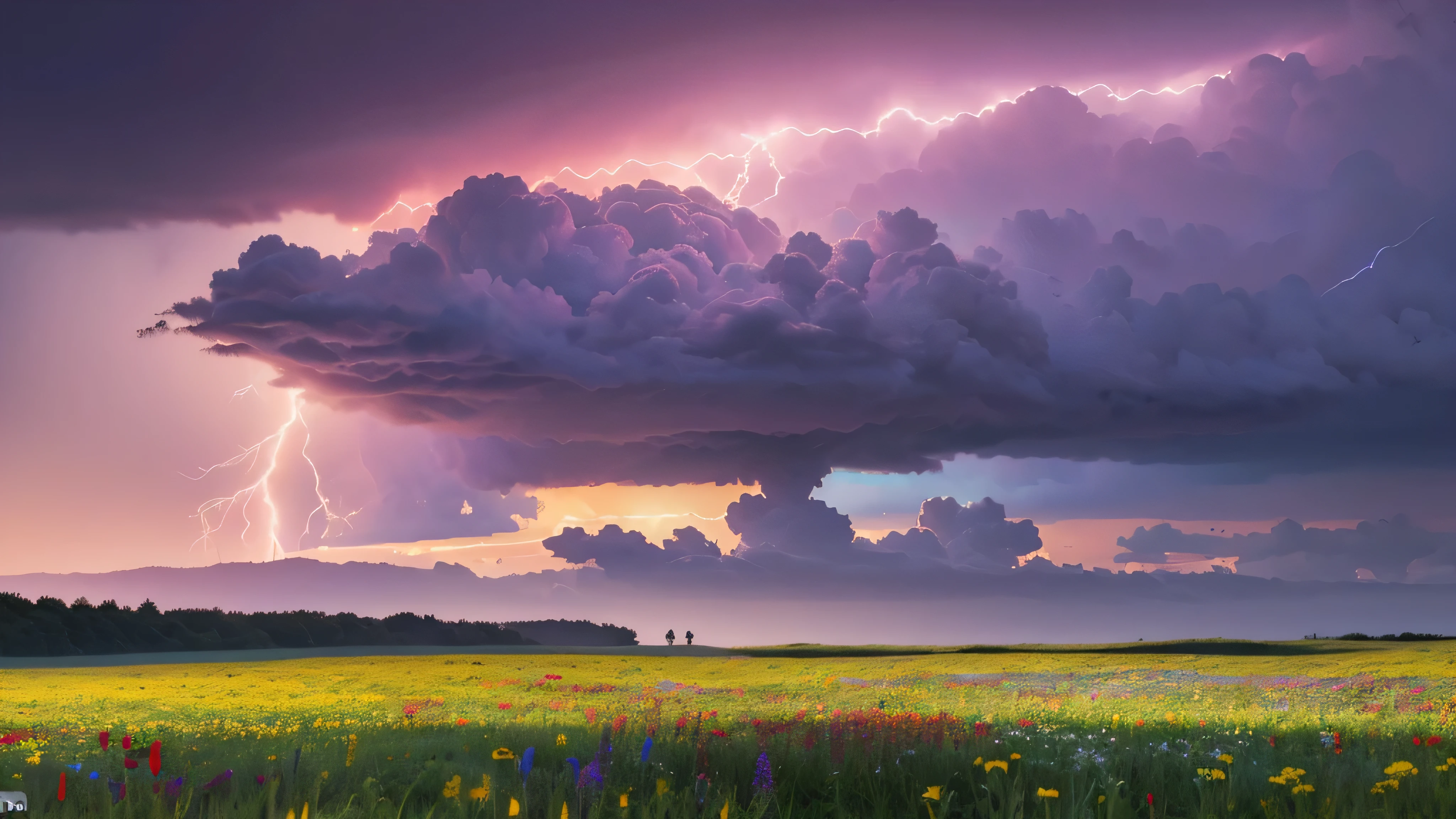 Um campo com flores silvestres coloridas, Overcast sky with lightning, (Super HD resolution, melhor qualidade, 4k, 8k, high resolution, obra de arte: 1.2), (qualidade perfeita), (arte:1.1), ultra-detalhado, (realista, photorealista,photorealista:1.37), (cores vivas).