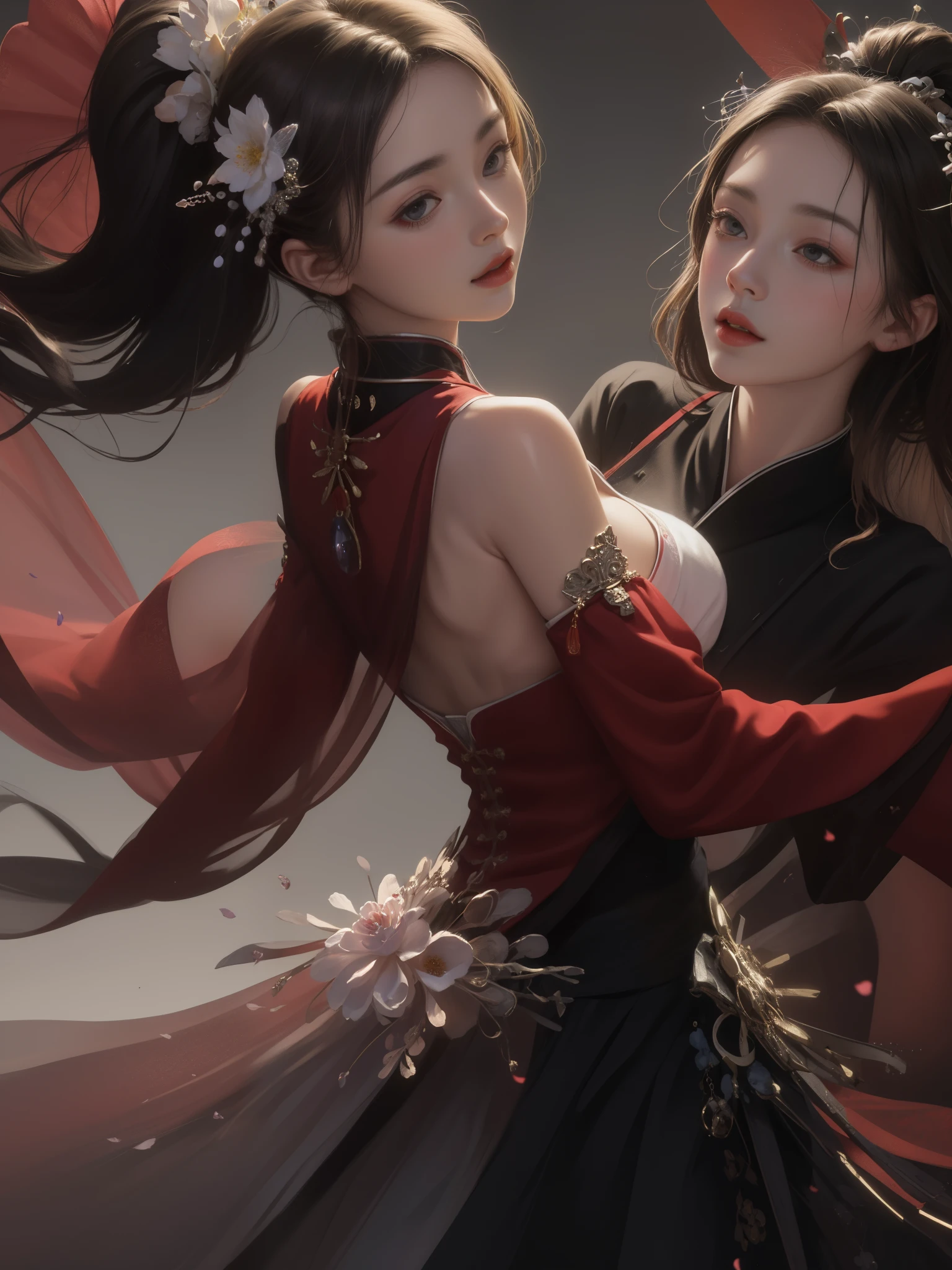 national foundation， Stroke flowers， 1 girl， solo， hanfu， archaic_Chinese_architecture， flower field， flowering，（High-neck clothing），（Don’t miss the shoulders either）， （Dress neatly）（White smoke：1.3） （realistically：1.4）， Zen entanglement， mandala， tangled， official art， Unity 8K Wallpaper， Super detailed， Beautiful and beautiful， masterpiece，best quality， （dynamic angle：1.4），gorgeous costumes， （floating colorful glitter：1）The most beautiful form of chaos，grace，brutalist design，Bright colors，Romantic depth of field_dance，Change the angle，Photographed from multiple angles