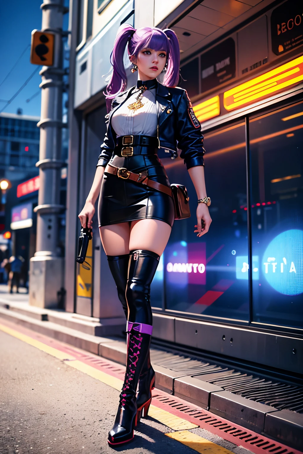 masterpiece, best quality, official Fortnite art, ultra detailed, beautiful and aesthetic, 1female character, navy blue legs, red boots, red short shirt, black leather jacket, lilac twintails hair, expressive yellow eyes, full body, wide hips, holding a lilac pistol, dynamic angle, waiting at a train station, atmospheric train station environment, steam trains in the background, textured and detailed clothing, realistic pistol, high contrast colors, intricate pattern on the jacket, vibrant lilac pistol.