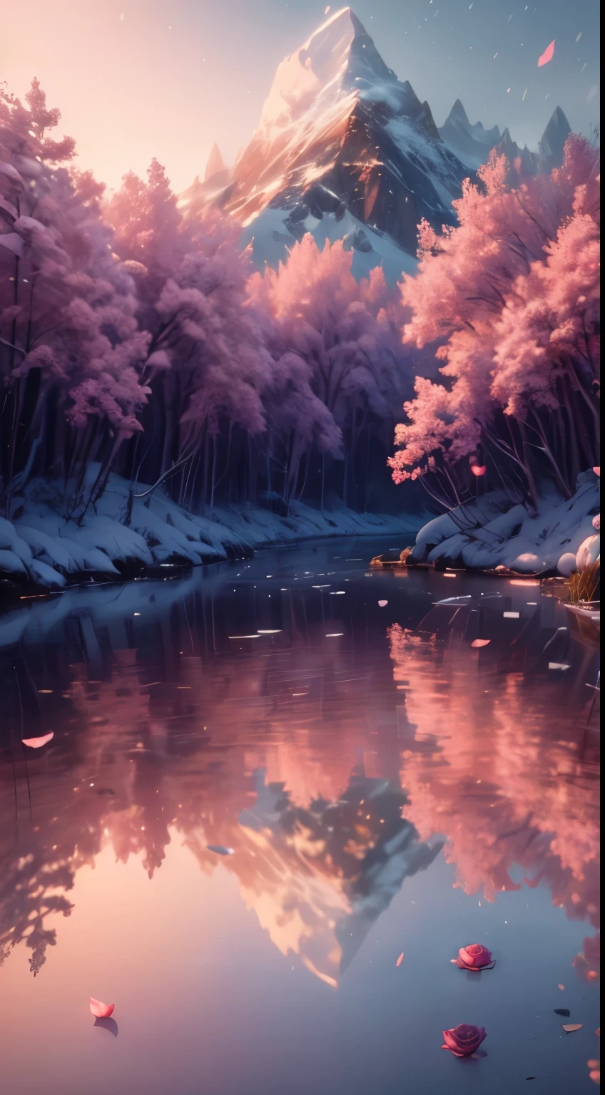 (best quality,4k,8k,highres,masterpiece:1.2),ultra-detailed,(realistic,photorealistic,photo-realistic:1.37),pink roses in the snow,beautiful digital painting,gorgeous background,flower environment,background artwork,roses under cinematic lighting,rose backdrop,🌺 CGS Association,luxurious digital painting,soft pink light 4K,Unreal Engine;romantic theme,rose background,warm and beautiful scene,8k high-quality detailed artwork