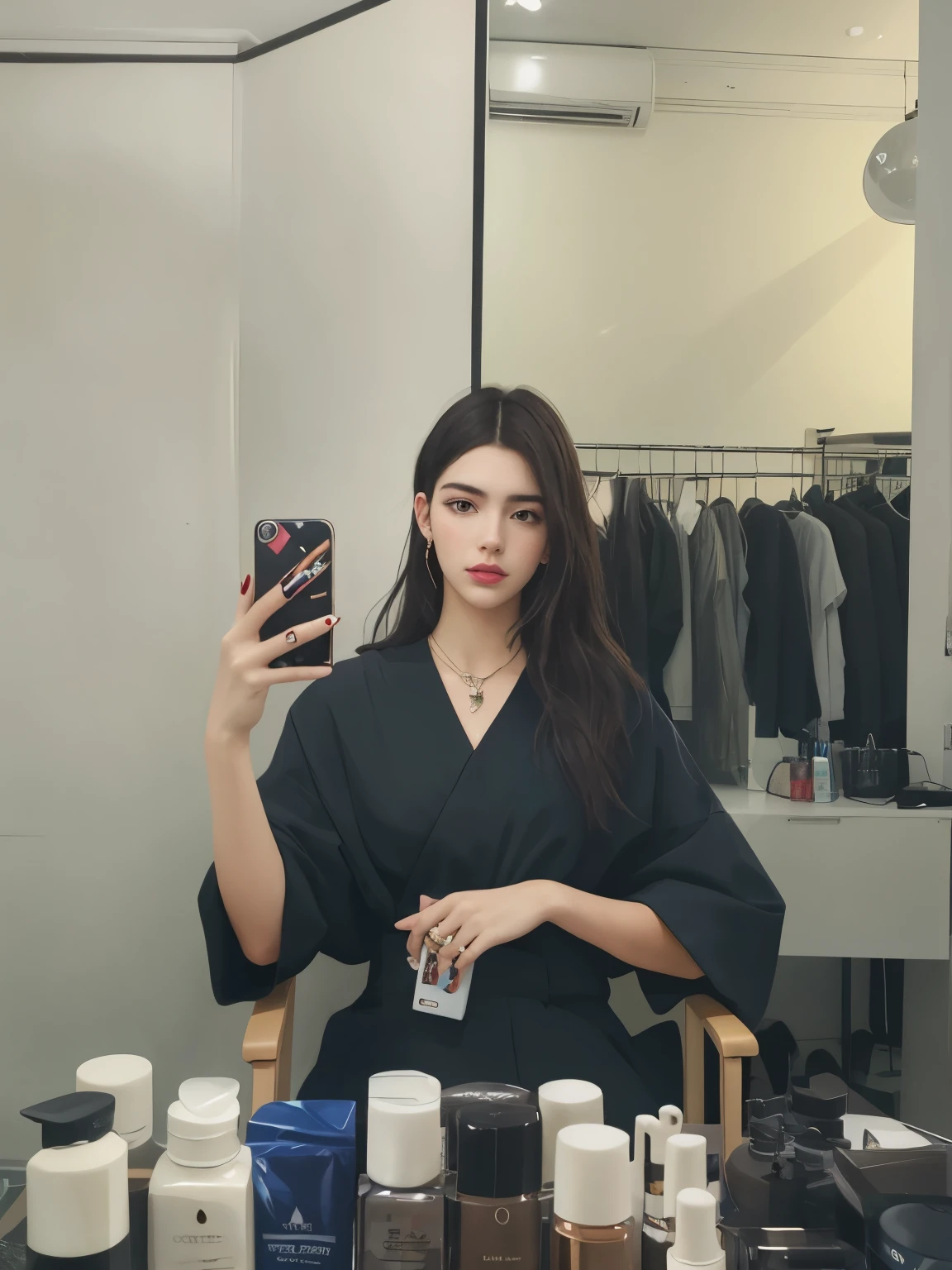 Arafed Woman taking a selfie in front of a mirror, 8k selfie photography, artista coreano, autofoto espejo, modelo de instagram, elfo eva, she is holding a smartphone, selfie de una mujer joven, con maquillaje profesional, 2 4  old female model, Dua Lipa, con un espejo, retrato de jossi de blackpink, con cabello largo