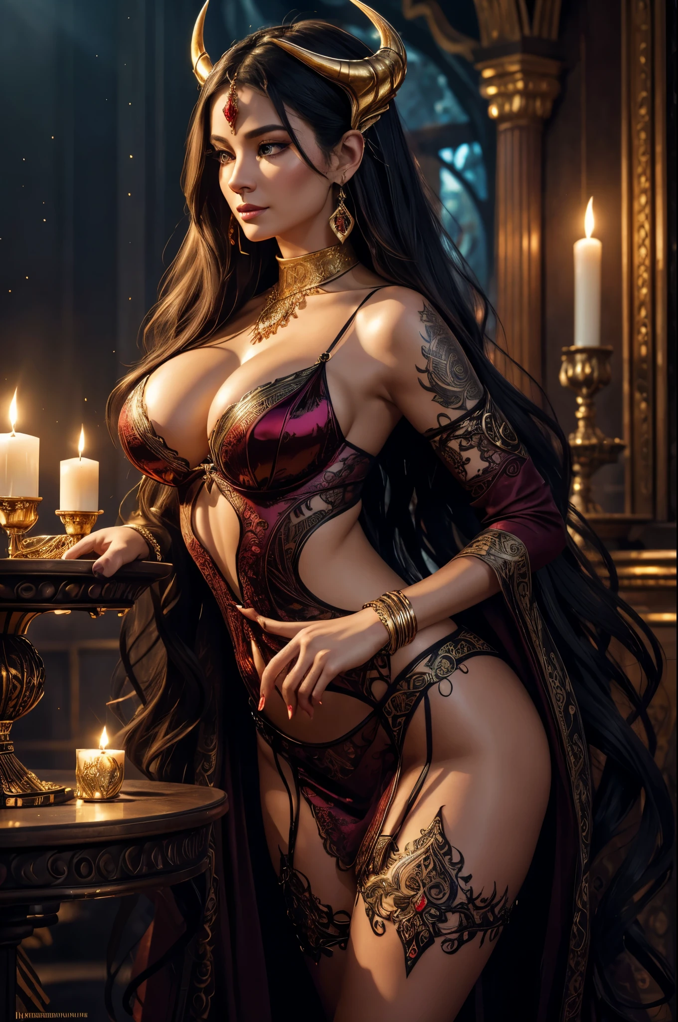 (best quality,highres:1.2),ultra-detailed,realistic,portrait,high fantasy,sexy busty Malaysian woman(age 40),jewel inlaid hijab, jewel encrusted translucent lingerie,tames a devil by casting a very flashy spell,arcane chamber,well-lit room,vibrant colors,exquisite details,seductively poses,confident expression,mesmerizing eyes,long wavy hair,fine jewelry,ornate tattoos,chiseled features,soft skin,golden light,elaborate spell casting,richly decorated surroundings,enchanted atmosphere,mythical creatures in the background,elaborate tapestries,handsome yet sinister devil,subdued black and red color scheme,gentle candlelight,Northern European architecture,ethereal shimmer,curved horns,dark wings,burnished scales,dangerous yet alluring presence